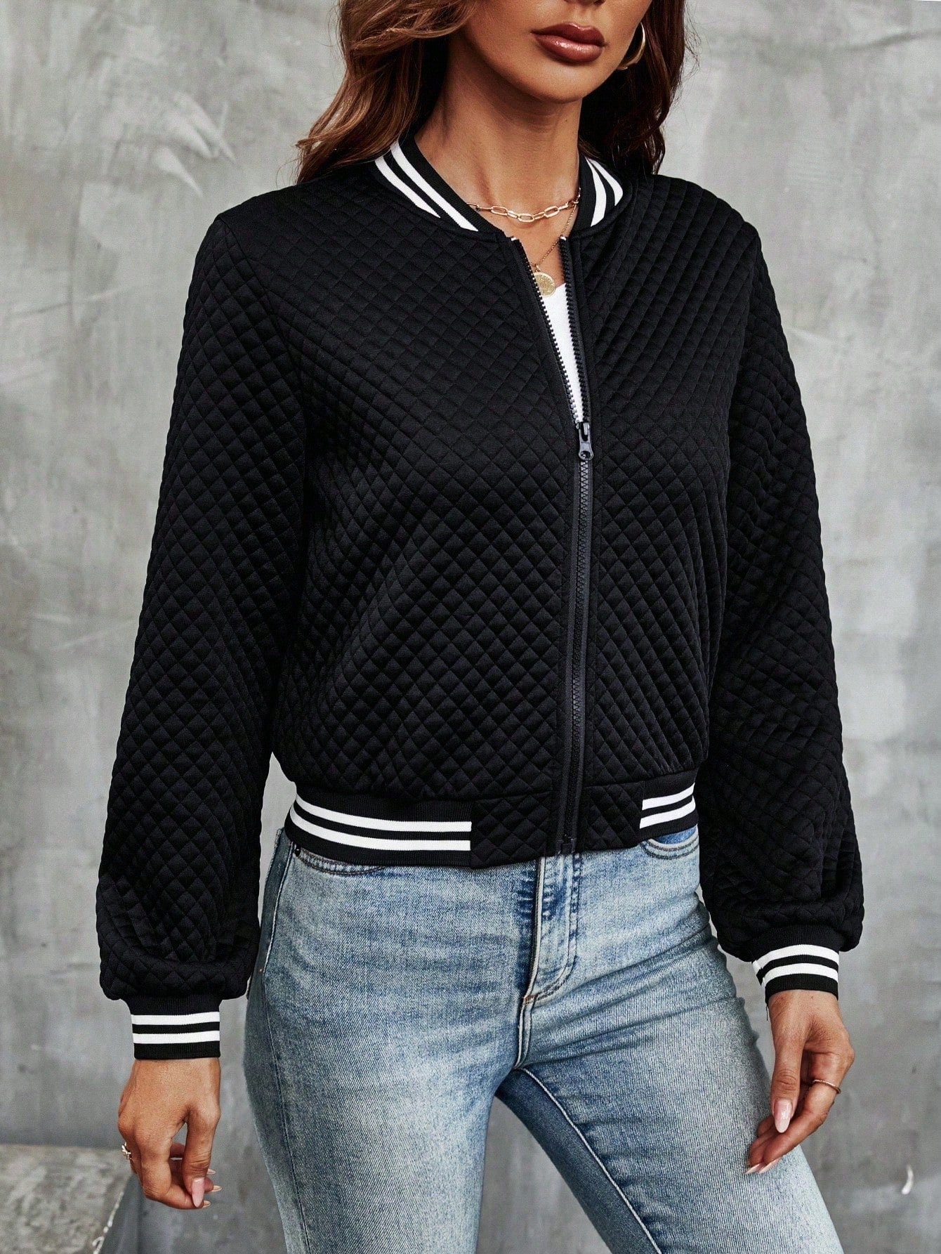 LUNE Striped Trim Zip Up Bomber Jacket