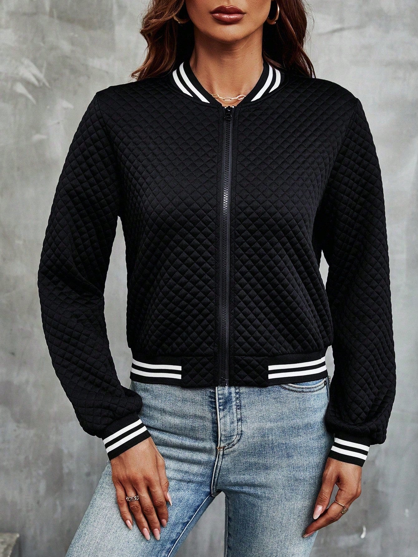 LUNE Striped Trim Zip Up Bomber Jacket