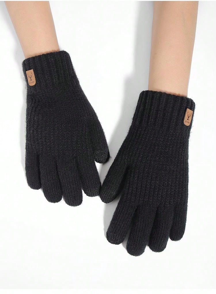 1pair Winter Men's Double-Layered Thickened Touch Screen Texting Warm Gloves, Knitted Stripe