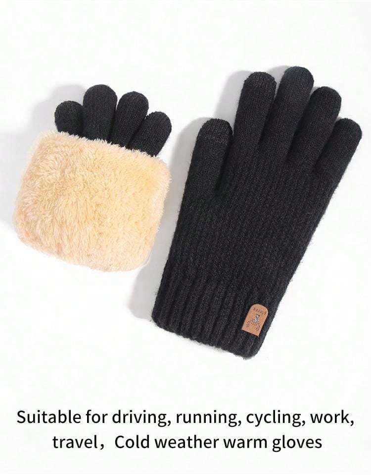 1pair Winter Men's Double-Layered Thickened Touch Screen Texting Warm Gloves, Knitted Stripe