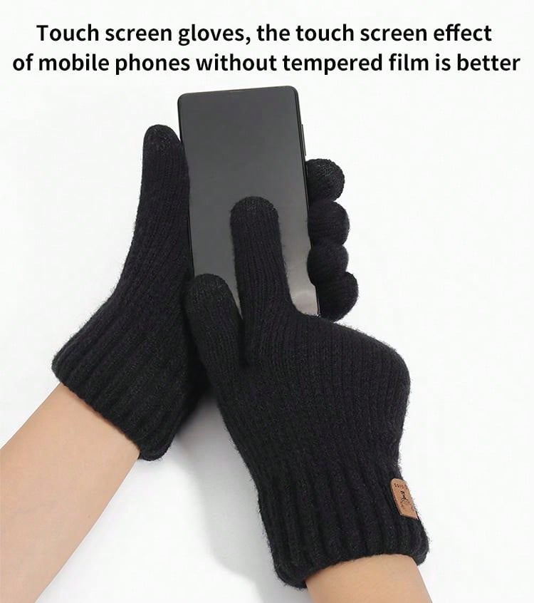 1pair Winter Men's Double-Layered Thickened Touch Screen Texting Warm Gloves, Knitted Stripe