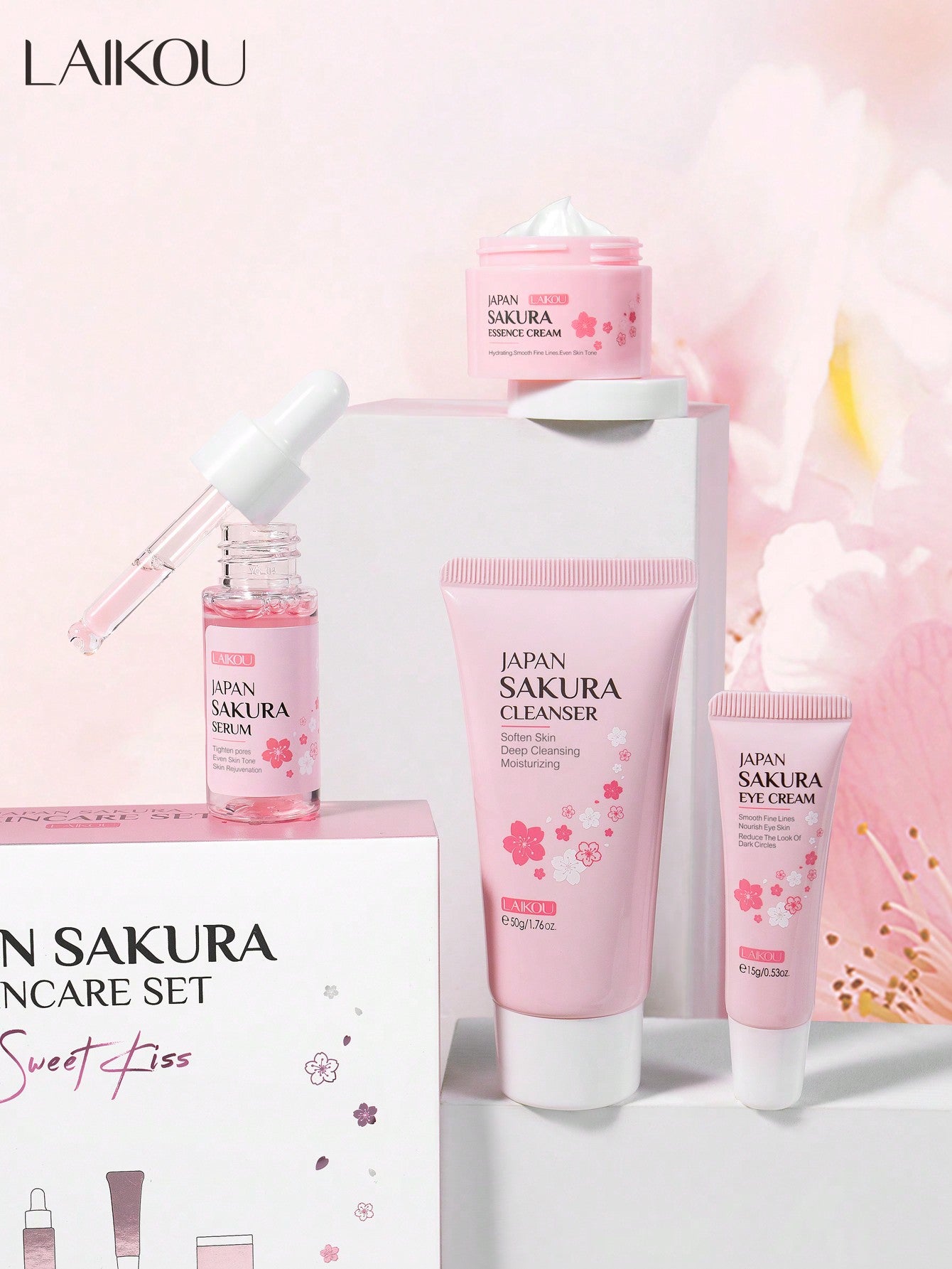 LAIKOU 1Set 4pcs Brightening LAIKOU Japan Sakura Skincare Set, Nourishing Serum 17ml Lighten Blemishes Face Cream 25g Fade Dark Circle Eye Cream 15g Clean Pores Face Cleanser Soothing