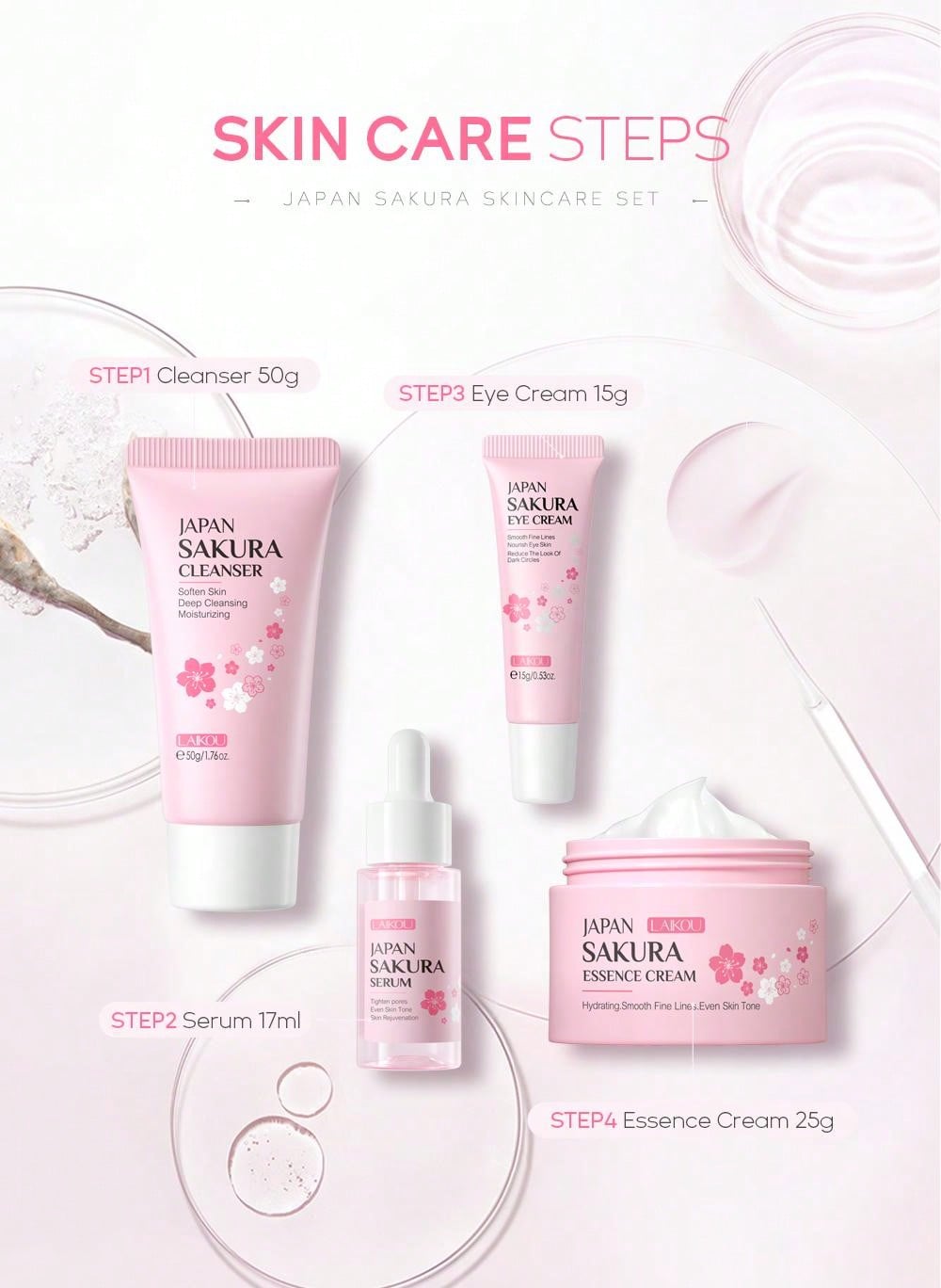 LAIKOU 1Set 4pcs Brightening LAIKOU Japan Sakura Skincare Set, Nourishing Serum 17ml Lighten Blemishes Face Cream 25g Fade Dark Circle Eye Cream 15g Clean Pores Face Cleanser Soothing