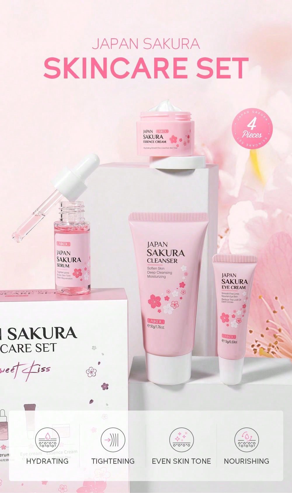 LAIKOU 1Set 4pcs Brightening LAIKOU Japan Sakura Skincare Set, Nourishing Serum 17ml Lighten Blemishes Face Cream 25g Fade Dark Circle Eye Cream 15g Clean Pores Face Cleanser Soothing