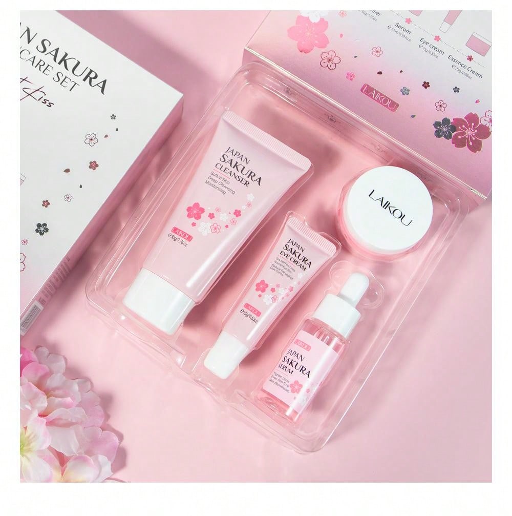 LAIKOU 1Set 4pcs Brightening LAIKOU Japan Sakura Skincare Set, Nourishing Serum 17ml Lighten Blemishes Face Cream 25g Fade Dark Circle Eye Cream 15g Clean Pores Face Cleanser Soothing