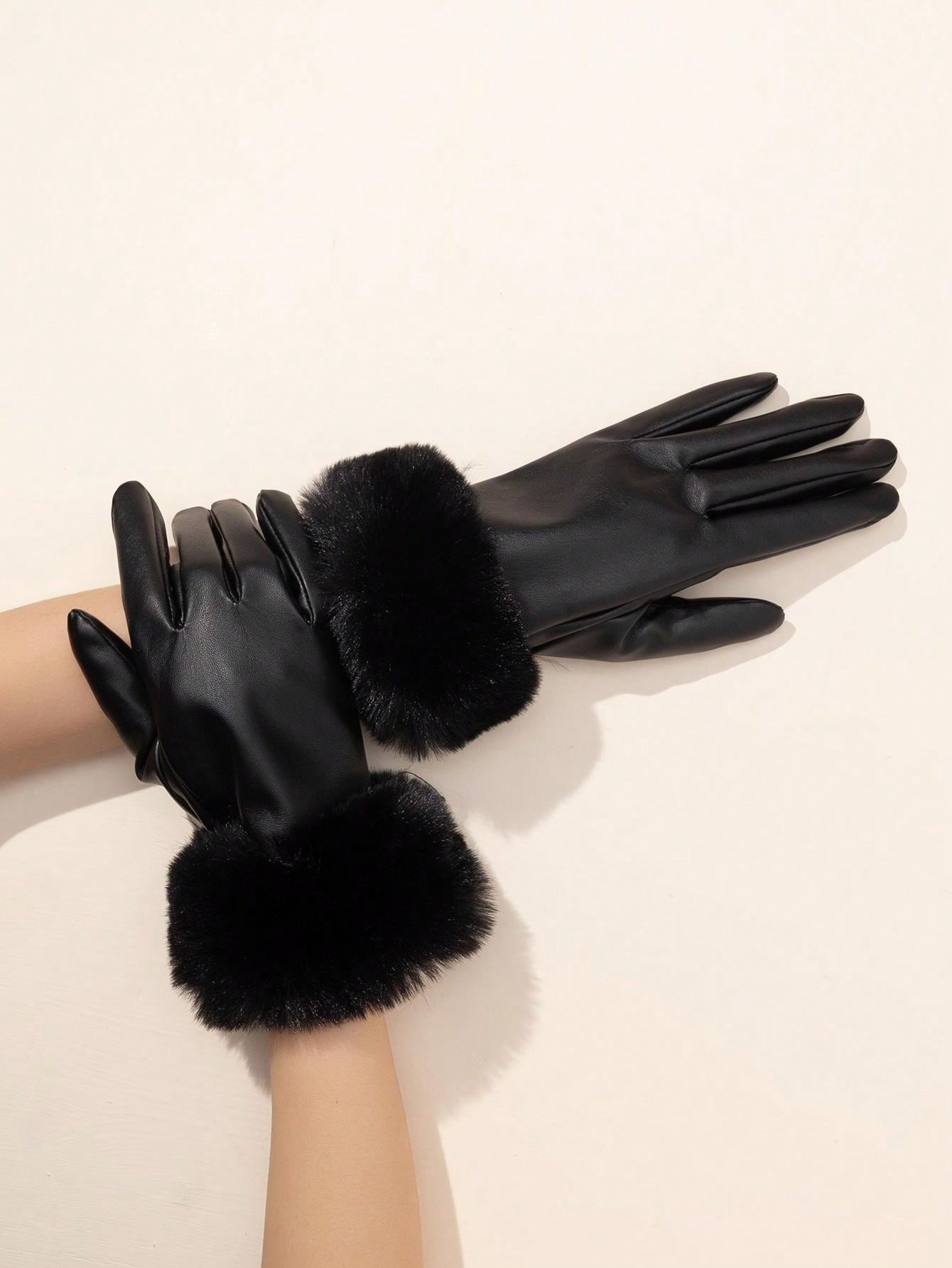 1pair Women's Leather Touchscreen Gloves With Fuzzy Lining, Warm And Windproof Halloween Accessories Winter Gloves