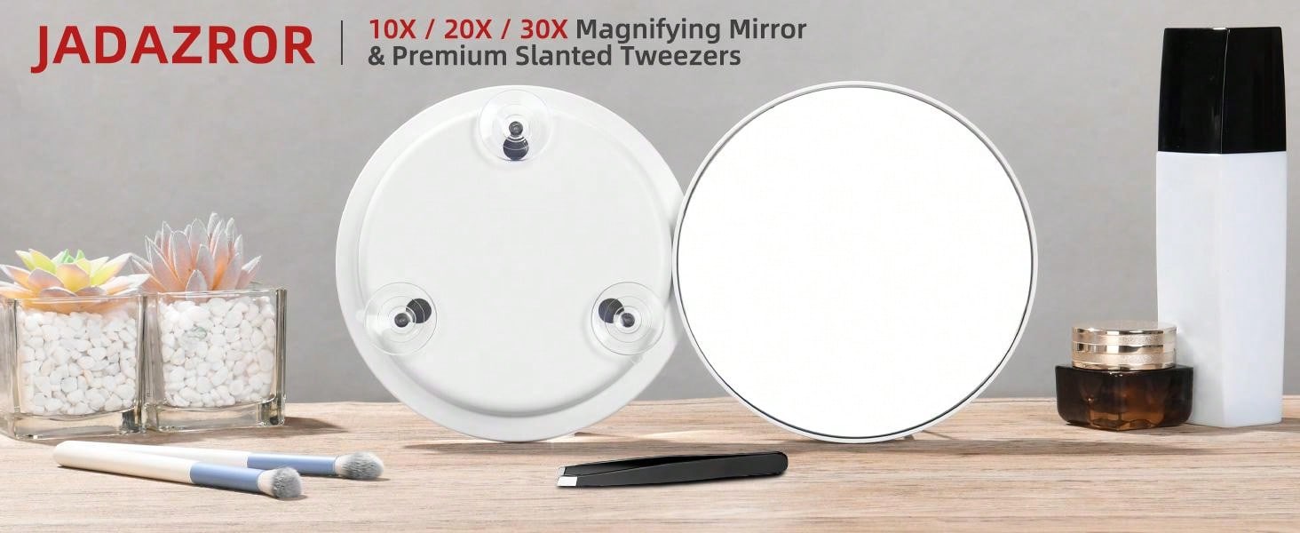 10X Magnifying Mirror with 3 Suction Cups - 6'' Stick on Makeup Mirror with 10X Magnification, Magnified Makeup Mirror Portable Handheld Cosmetic Mirror and Tweezers Set for Travel, Makeup, Bathroom