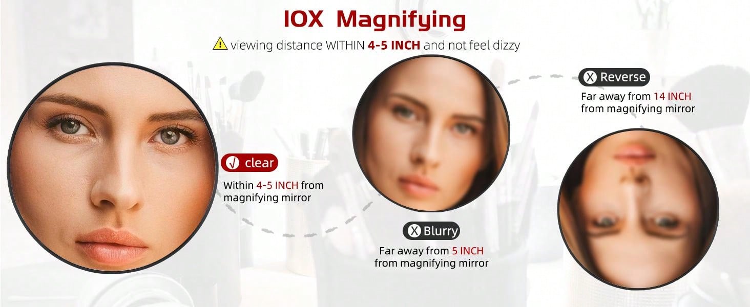 10X Magnifying Mirror with 3 Suction Cups - 6'' Stick on Makeup Mirror with 10X Magnification, Magnified Makeup Mirror Portable Handheld Cosmetic Mirror and Tweezers Set for Travel, Makeup, Bathroom