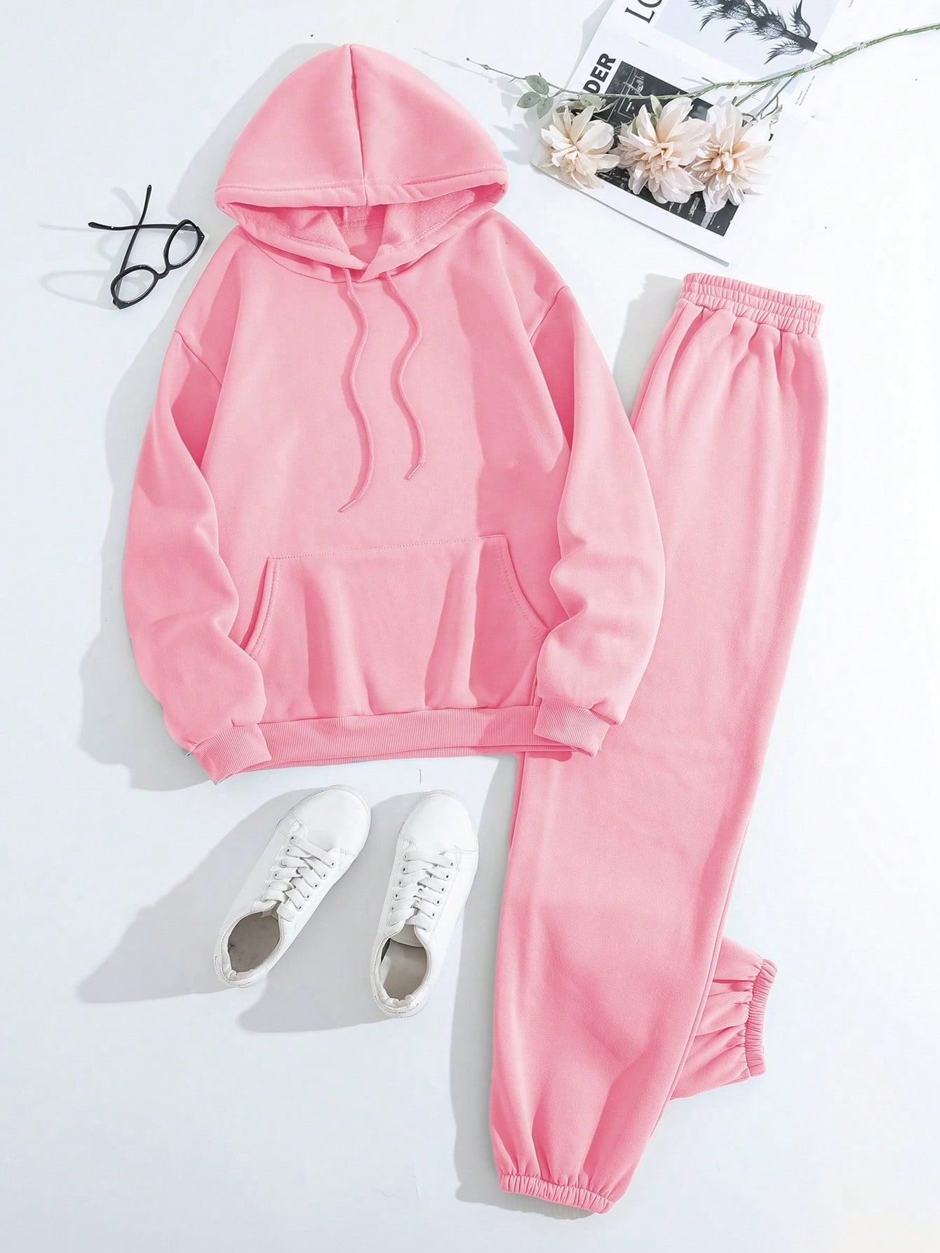 SHEIN EZwear 2pcs/Set Solid Color Long Sleeve Hoodie And Sport Pants