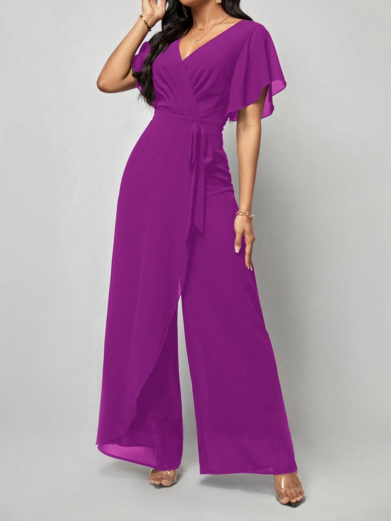 Amorya Saint Patrick Day Butterfly Sleeve Wrap Belted Wide Leg Jumpsuit