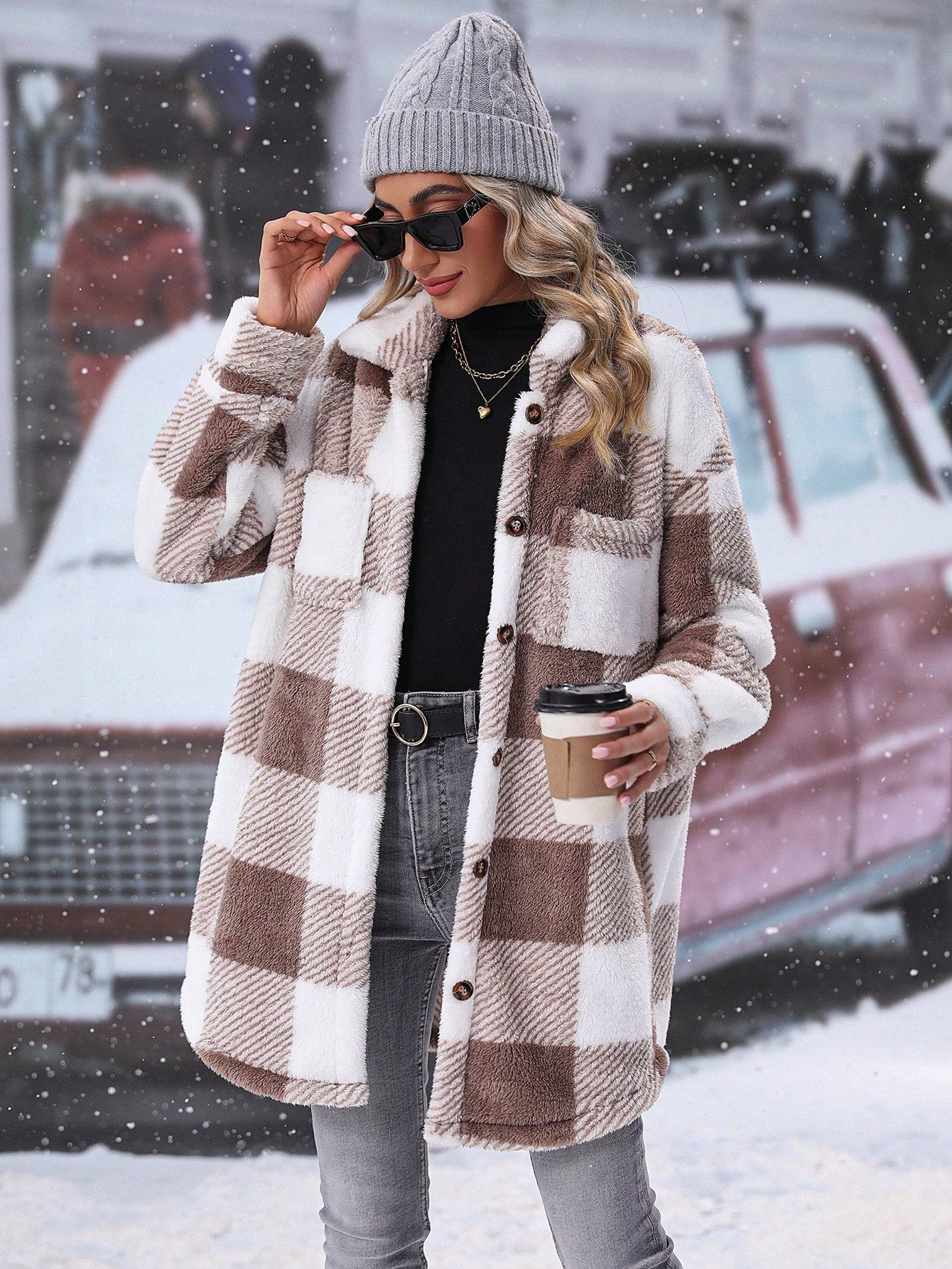 LUNE Buffalo Plaid Pattern Drop Shoulder Teddy Coat