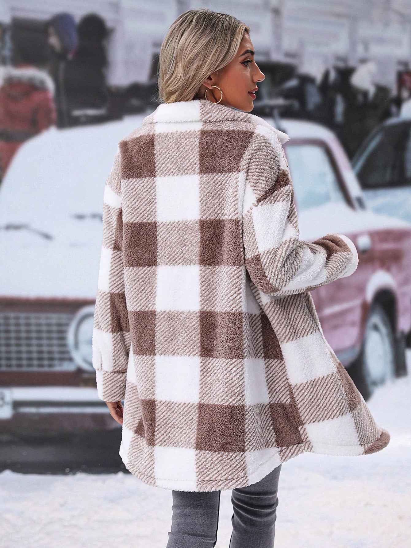 LUNE Buffalo Plaid Pattern Drop Shoulder Teddy Coat