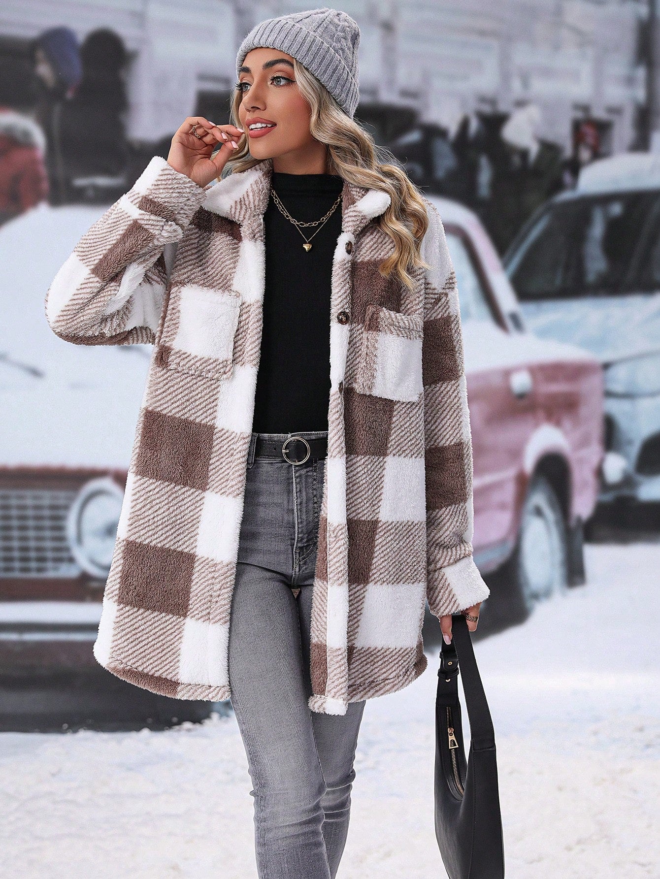 LUNE Buffalo Plaid Pattern Drop Shoulder Teddy Coat