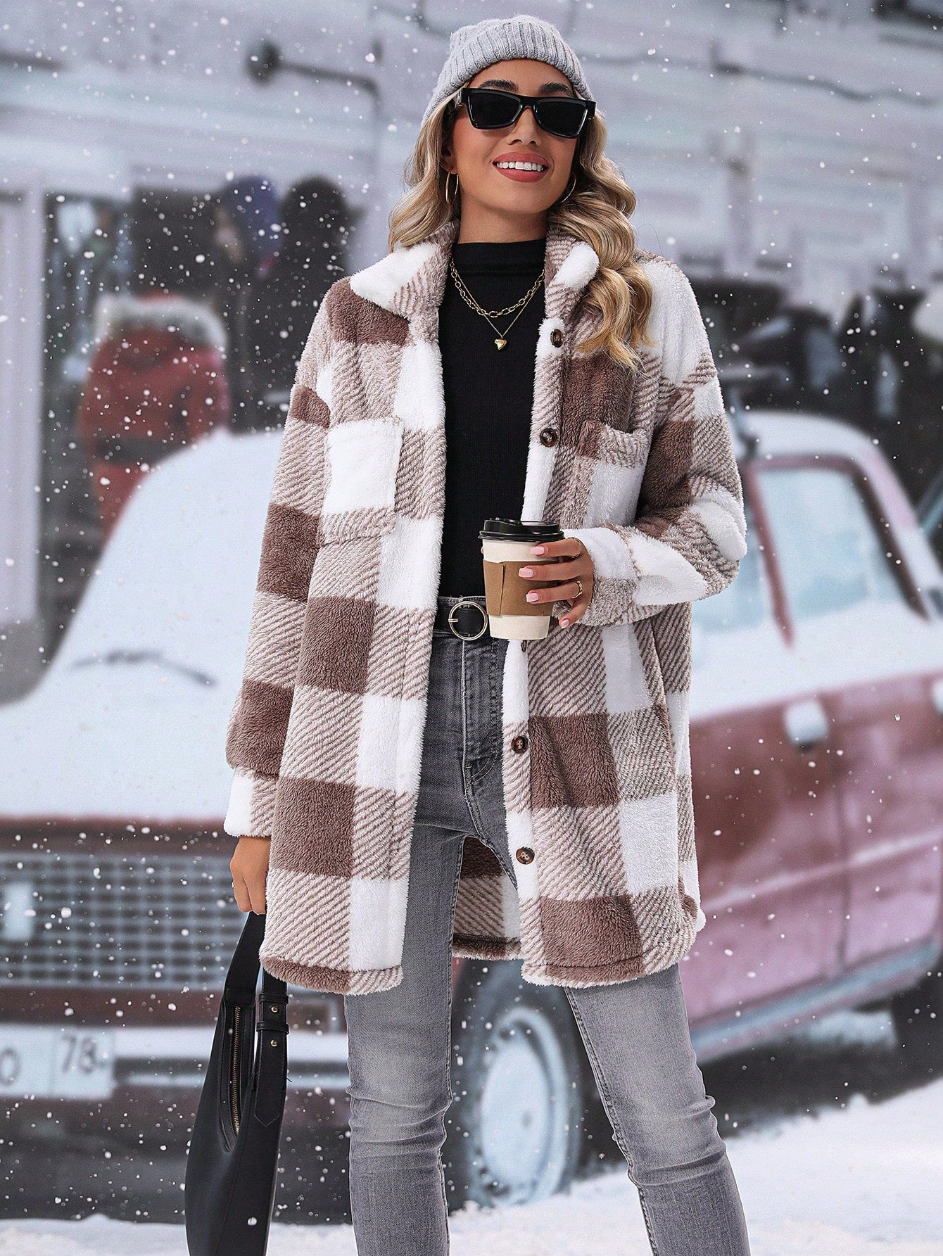 LUNE Buffalo Plaid Pattern Drop Shoulder Teddy Coat