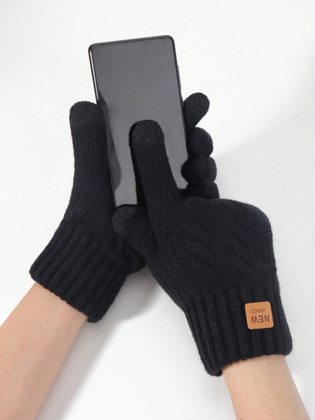 1pair Men's Winter Black Double-layered Plush Thick Knit Touch Screen Gloves, Warm, Full Finger, New Casual And Stylish Simple Design, Suitable For Parties, Dinners, Driving, And Daily Use