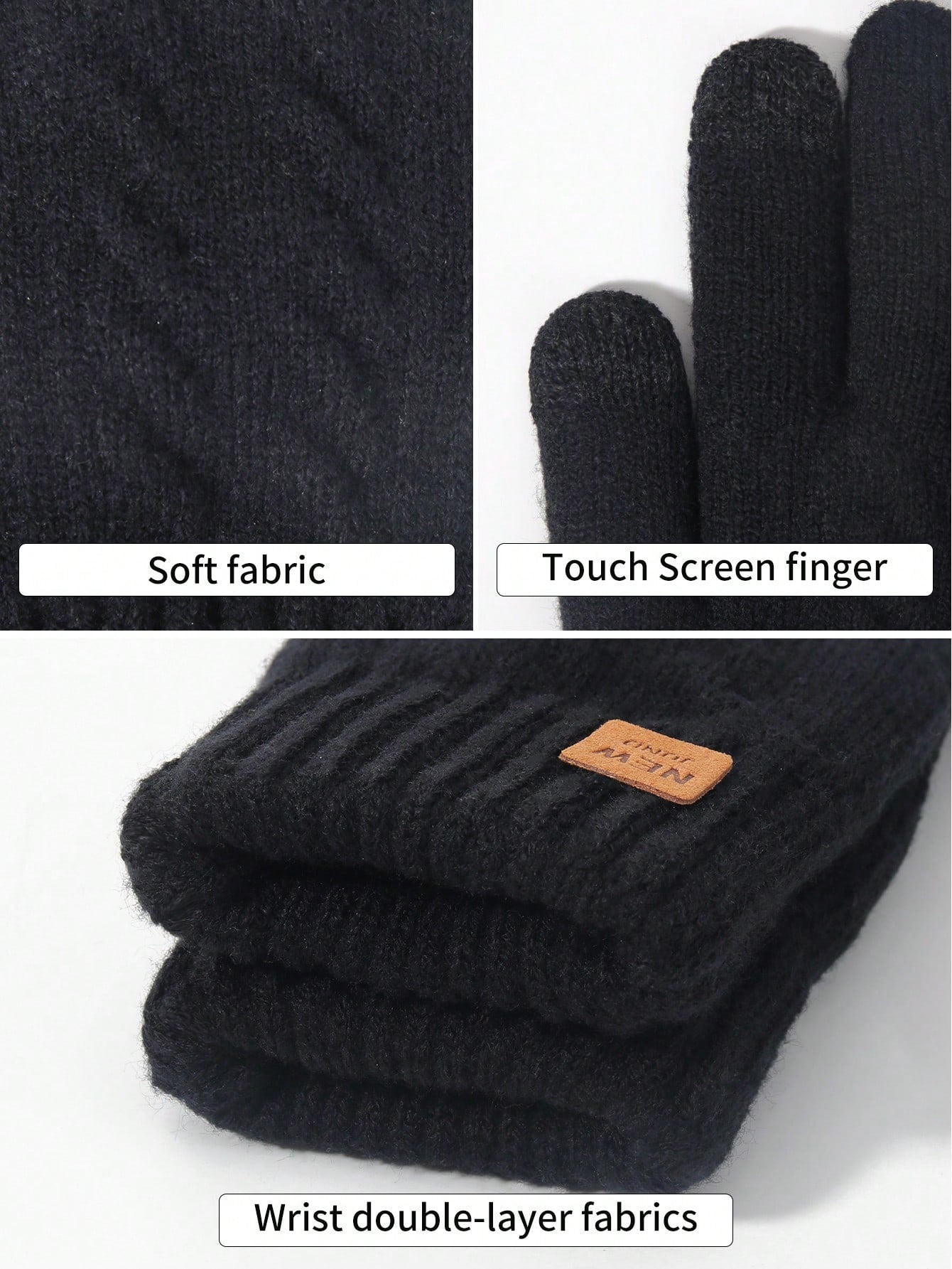 1pair Men's Winter Black Double-layered Plush Thick Knit Touch Screen Gloves, Warm, Full Finger, New Casual And Stylish Simple Design, Suitable For Parties, Dinners, Driving, And Daily Use