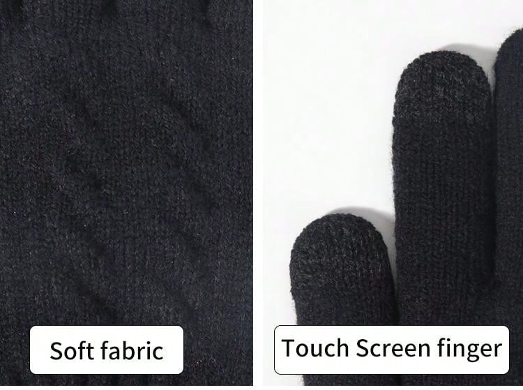 1pair Men's Winter Black Double-layered Plush Thick Knit Touch Screen Gloves, Warm, Full Finger, New Casual And Stylish Simple Design, Suitable For Parties, Dinners, Driving, And Daily Use