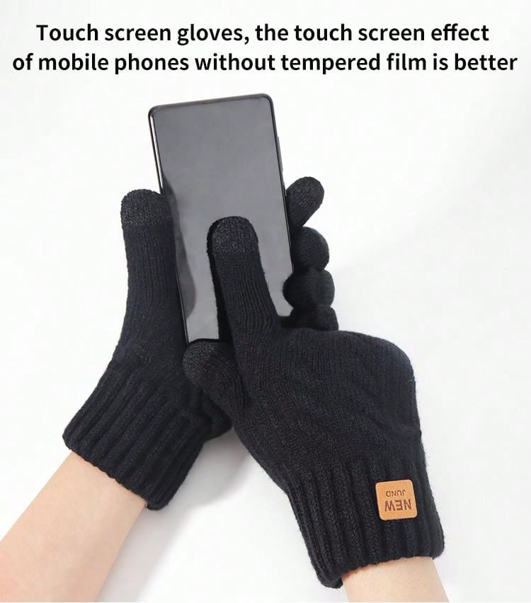 1pair Men's Winter Black Double-layered Plush Thick Knit Touch Screen Gloves, Warm, Full Finger, New Casual And Stylish Simple Design, Suitable For Parties, Dinners, Driving, And Daily Use