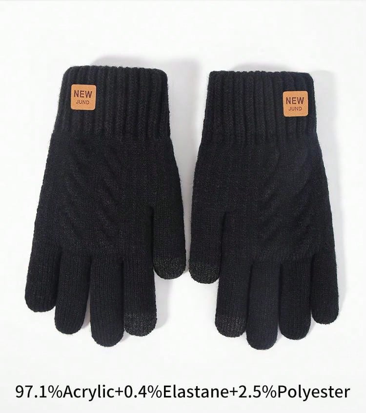 1pair Men's Winter Black Double-layered Plush Thick Knit Touch Screen Gloves, Warm, Full Finger, New Casual And Stylish Simple Design, Suitable For Parties, Dinners, Driving, And Daily Use