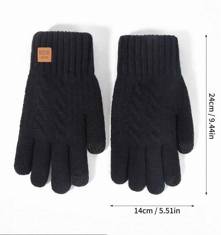 1pair Men's Winter Black Double-layered Plush Thick Knit Touch Screen Gloves, Warm, Full Finger, New Casual And Stylish Simple Design, Suitable For Parties, Dinners, Driving, And Daily Use