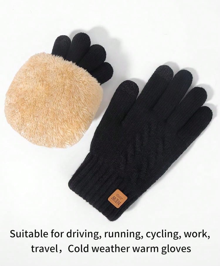 1pair Men's Winter Black Double-layered Plush Thick Knit Touch Screen Gloves, Warm, Full Finger, New Casual And Stylish Simple Design, Suitable For Parties, Dinners, Driving, And Daily Use