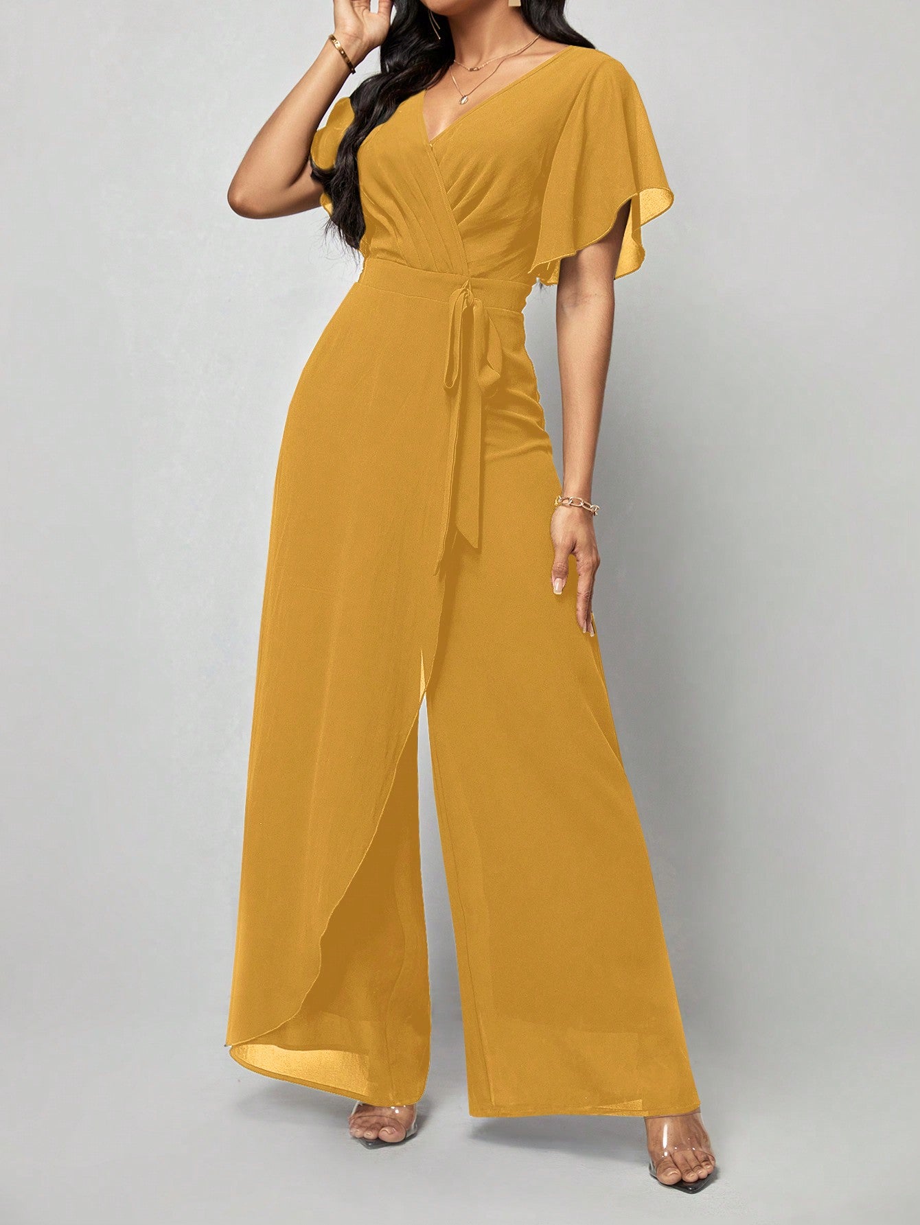 Amorya Saint Patrick Day Butterfly Sleeve Wrap Belted Wide Leg Jumpsuit