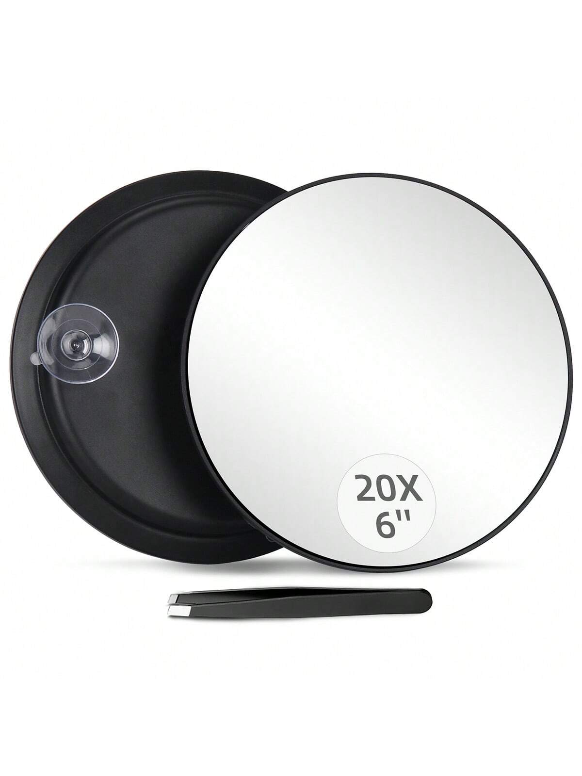 20X Magnifying Mirror with 3 Suction Cups - 6'' Stick on Makeup Mirror with 20X Magnification, Magnified Makeup Mirror Portable Handheld Cosmetic Mirror and Tweezers Set for Travel, Makeup, Bathroom