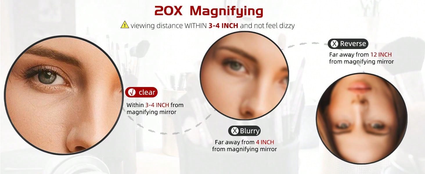 20X Magnifying Mirror with 3 Suction Cups - 6'' Stick on Makeup Mirror with 20X Magnification, Magnified Makeup Mirror Portable Handheld Cosmetic Mirror and Tweezers Set for Travel, Makeup, Bathroom