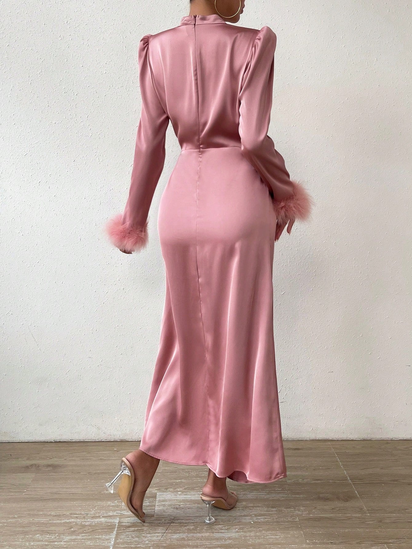 SHEIN Raffinéa Fuzzy Cuff Ruched Detail Satin Dress Maxi Women Outfit