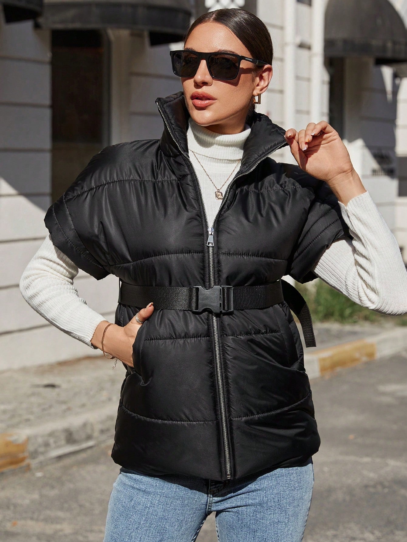 Zip Up Belted Puffer Vest Coat