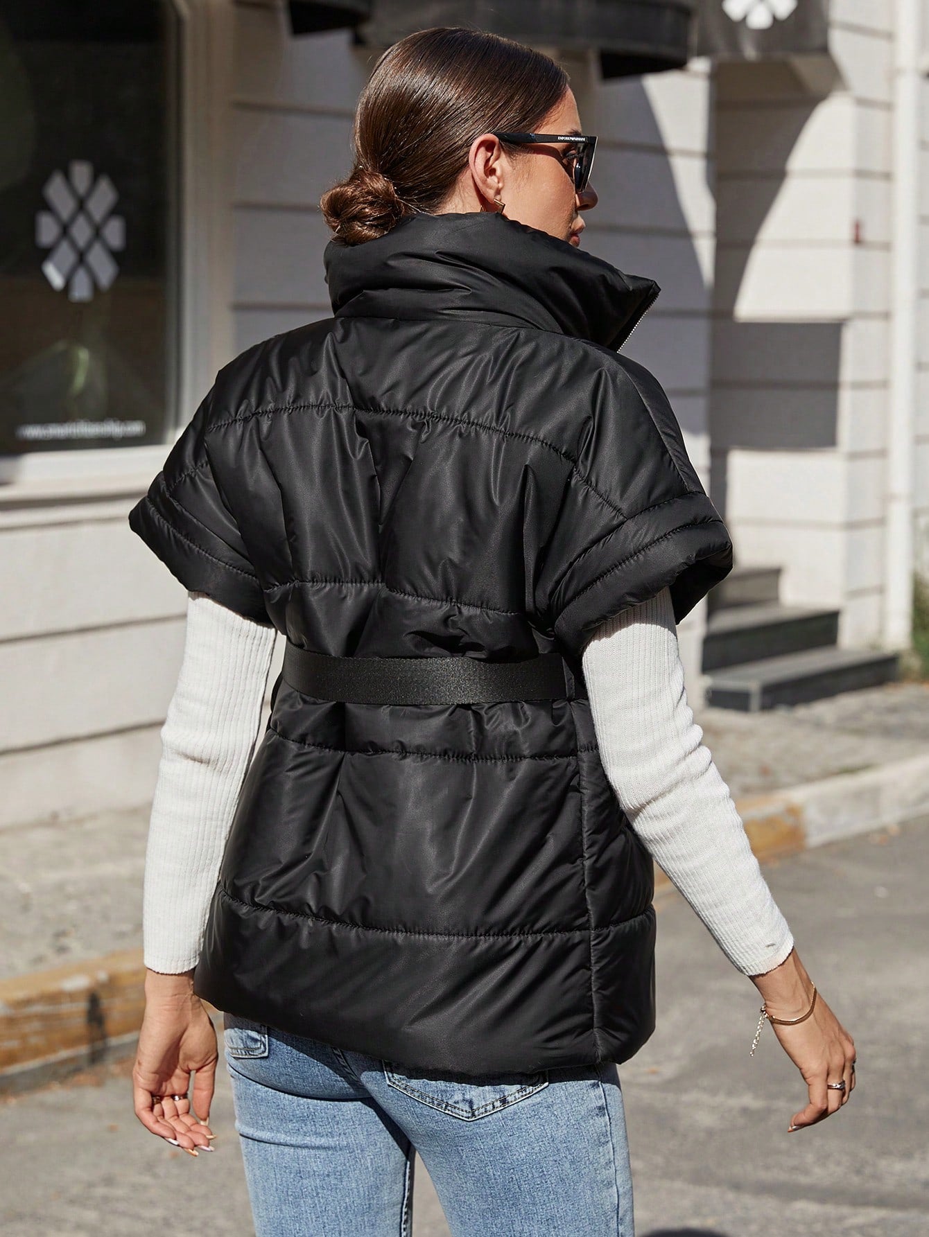 Zip Up Belted Puffer Vest Coat