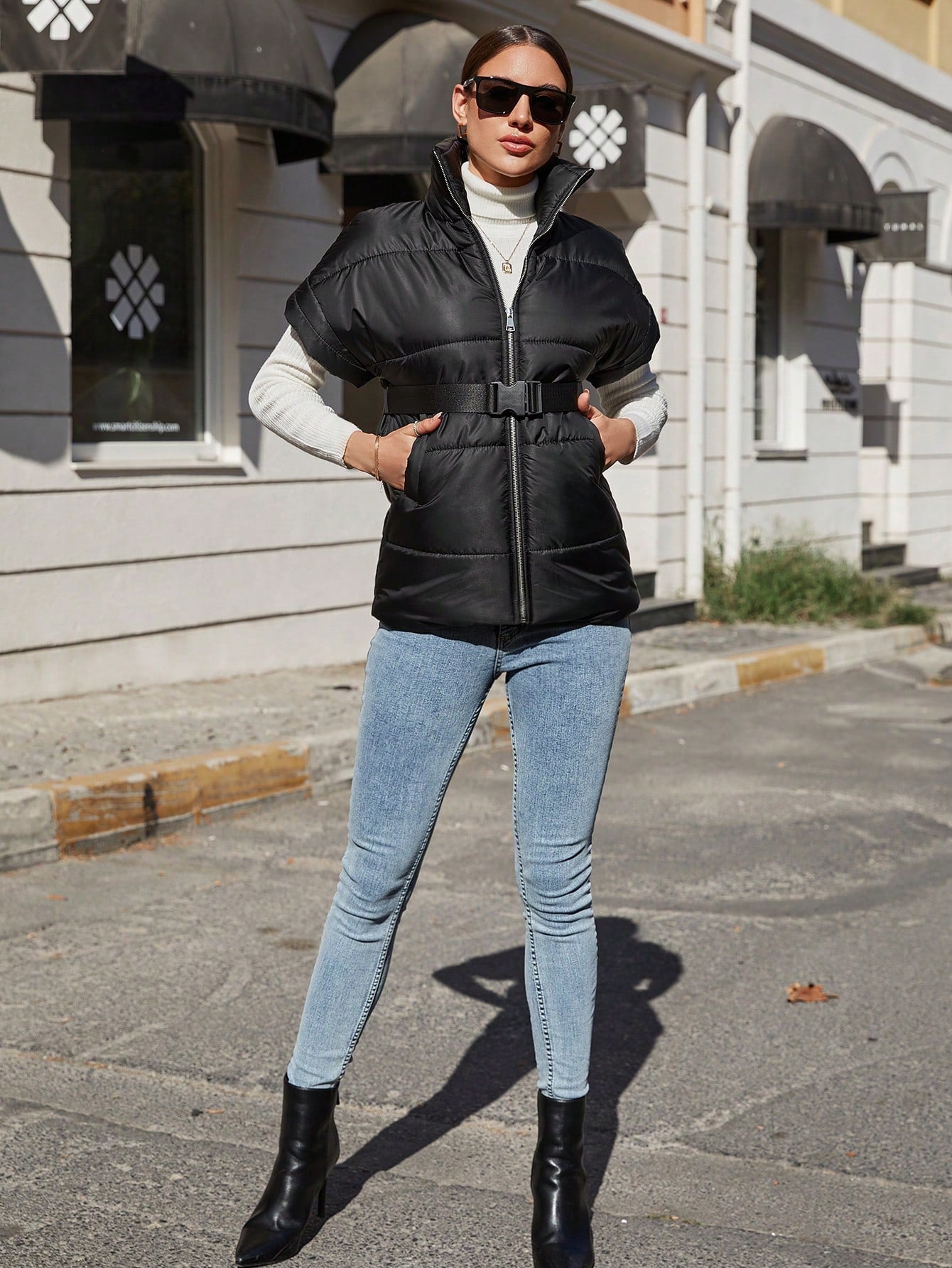 Zip Up Belted Puffer Vest Coat