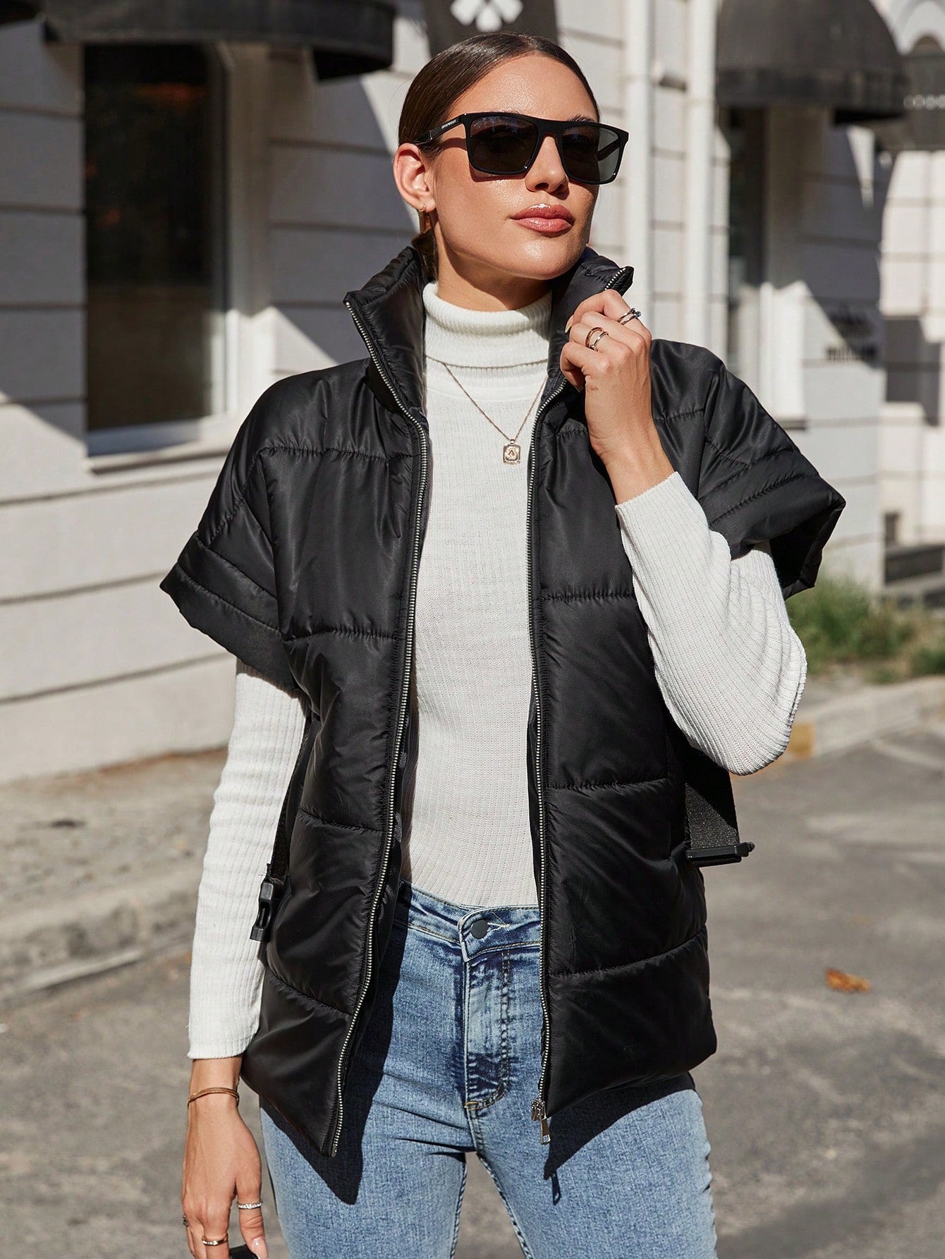 Zip Up Belted Puffer Vest Coat