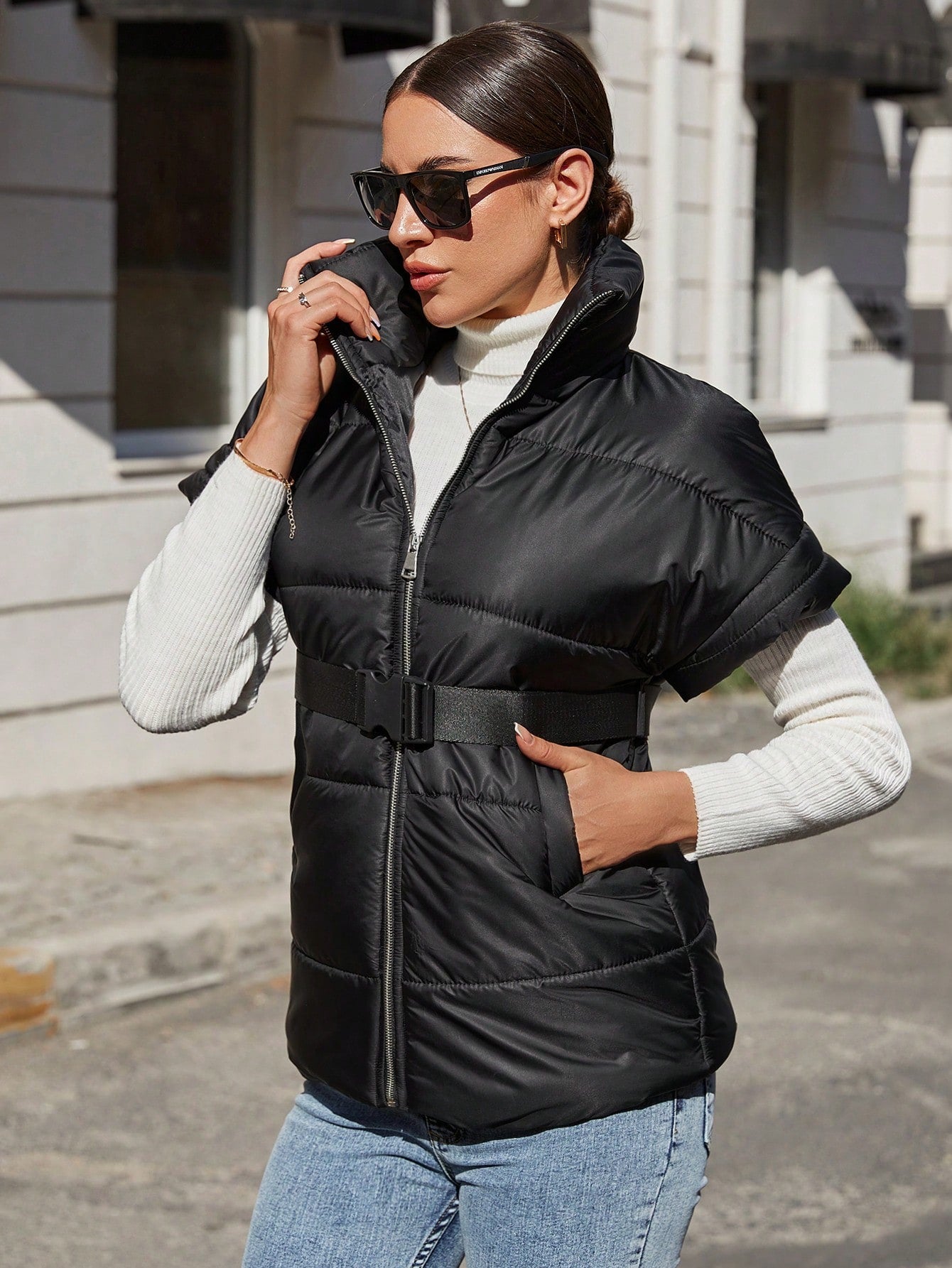 Zip Up Belted Puffer Vest Coat