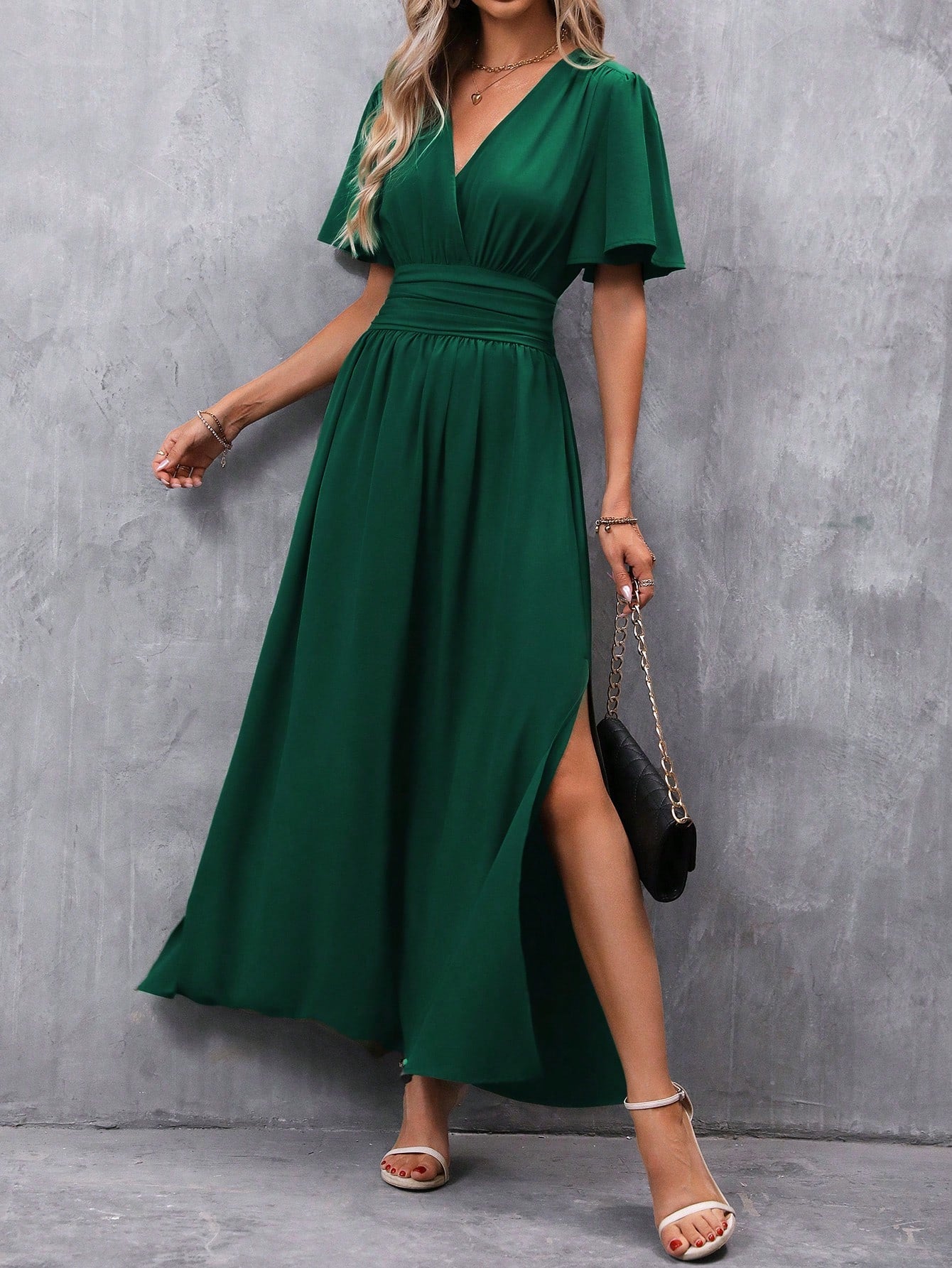 Clasi Butterfly Sleeve Ruched Waist Split Thigh Dress,Ladies Casual Ruched,Shirred,Split Thigh,Wrap Short Sleeve V Neck Regular Fit Long Dark Green Flounce Sleeve Plain A Line Women Long Dresses,Spring/Summer,Casual Daily Wear Maxi Women Outfit