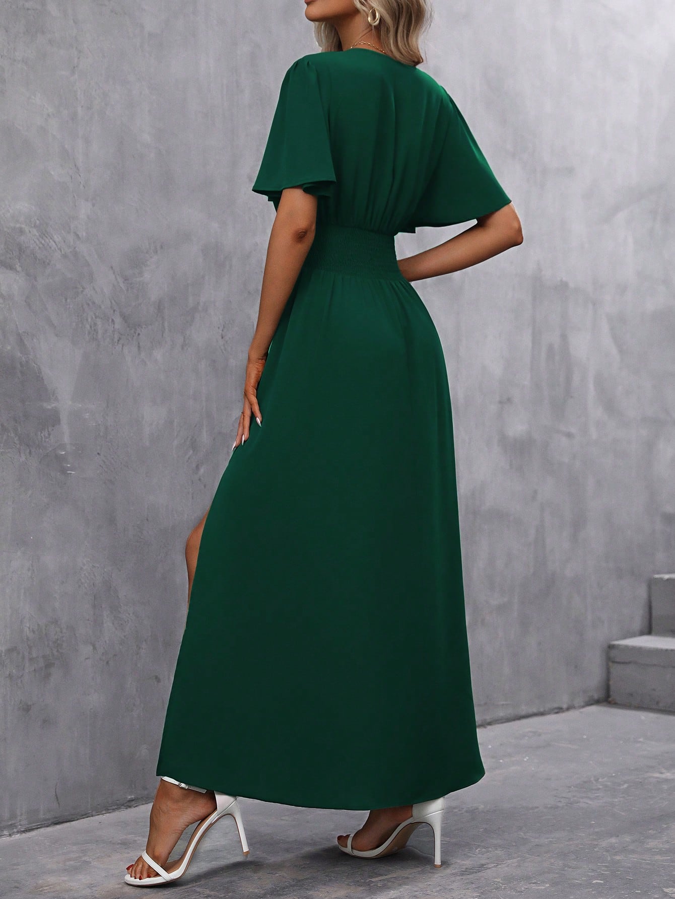 Clasi Butterfly Sleeve Ruched Waist Split Thigh Dress,Ladies Casual Ruched,Shirred,Split Thigh,Wrap Short Sleeve V Neck Regular Fit Long Dark Green Flounce Sleeve Plain A Line Women Long Dresses,Spring/Summer,Casual Daily Wear Maxi Women Outfit