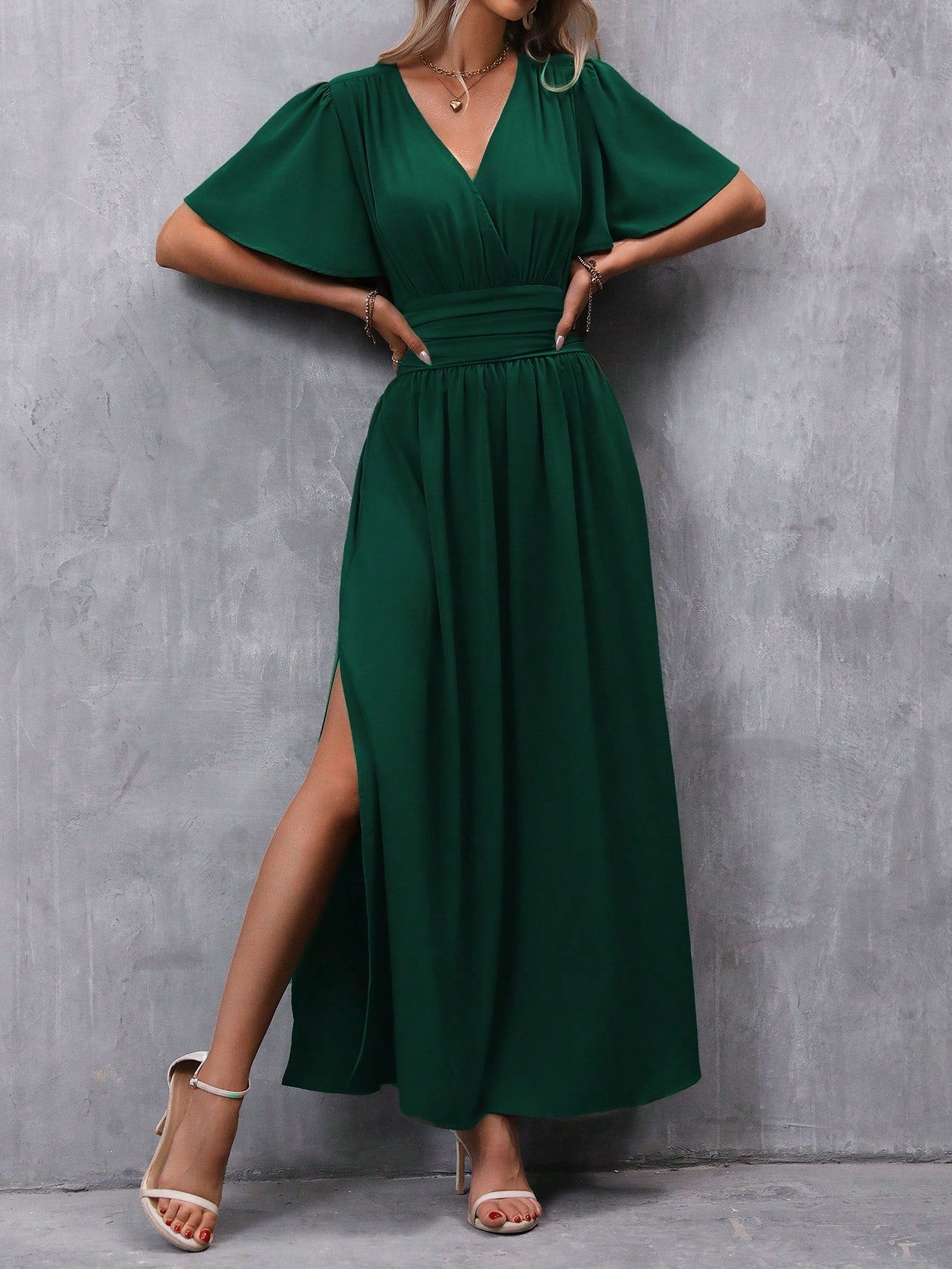 Clasi Butterfly Sleeve Ruched Waist Split Thigh Dress,Ladies Casual Ruched,Shirred,Split Thigh,Wrap Short Sleeve V Neck Regular Fit Long Dark Green Flounce Sleeve Plain A Line Women Long Dresses,Spring/Summer,Casual Daily Wear Maxi Women Outfit