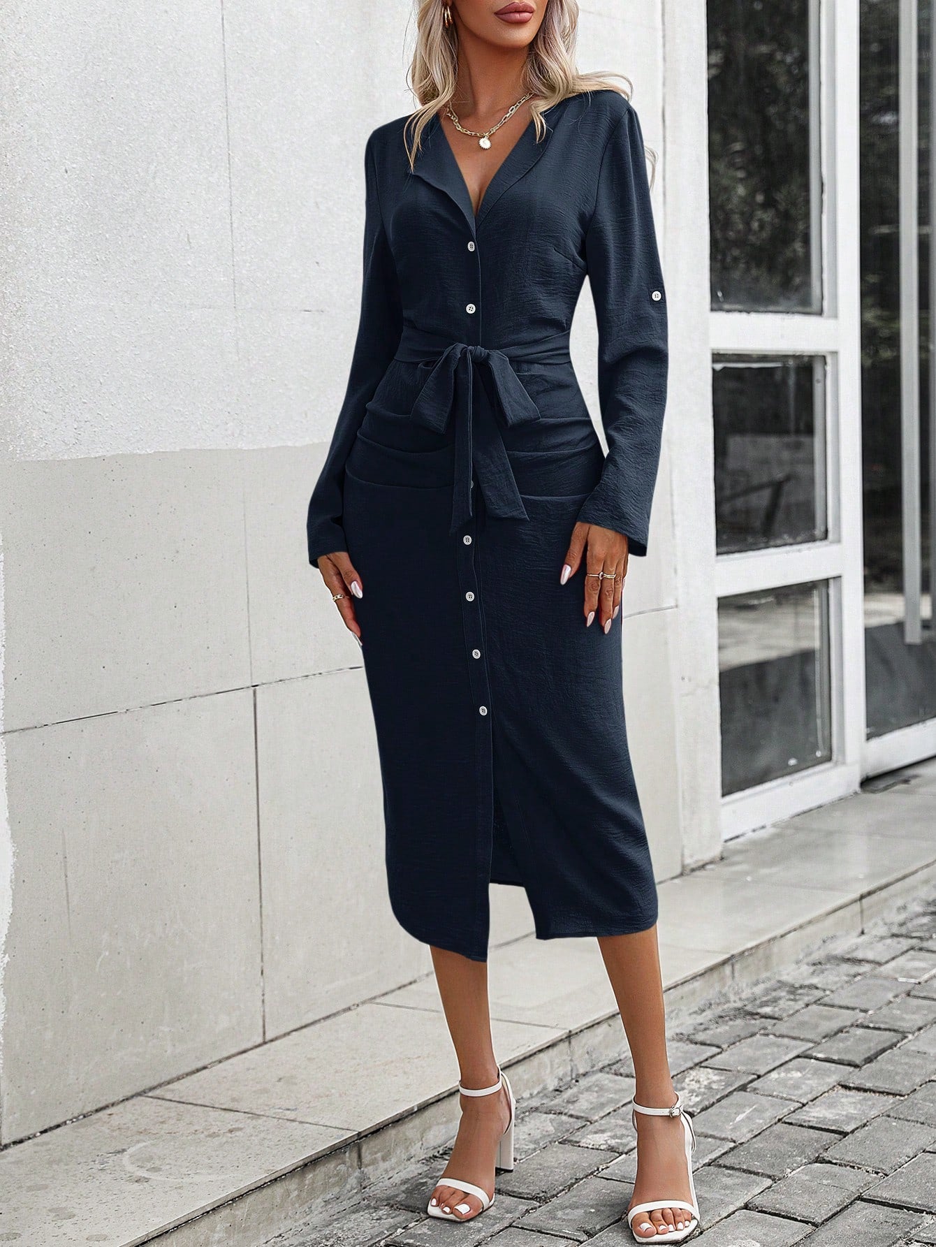 Clasi Roll Tab Sleeve Belted Shirt Dress Maxi Women Outfit