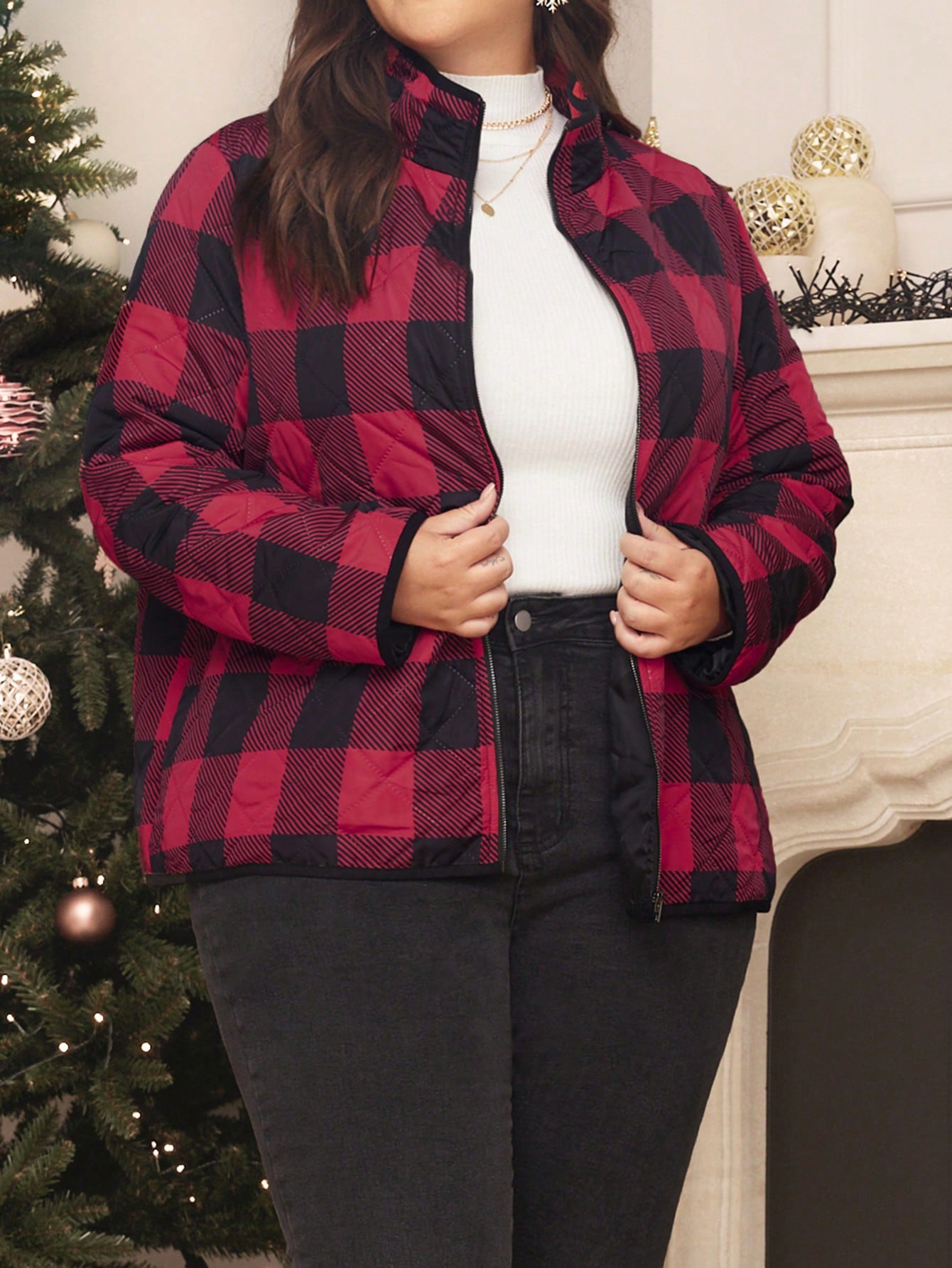 EMERY ROSE Plus Buffalo Plaid Print Zip Up Quilted Coat