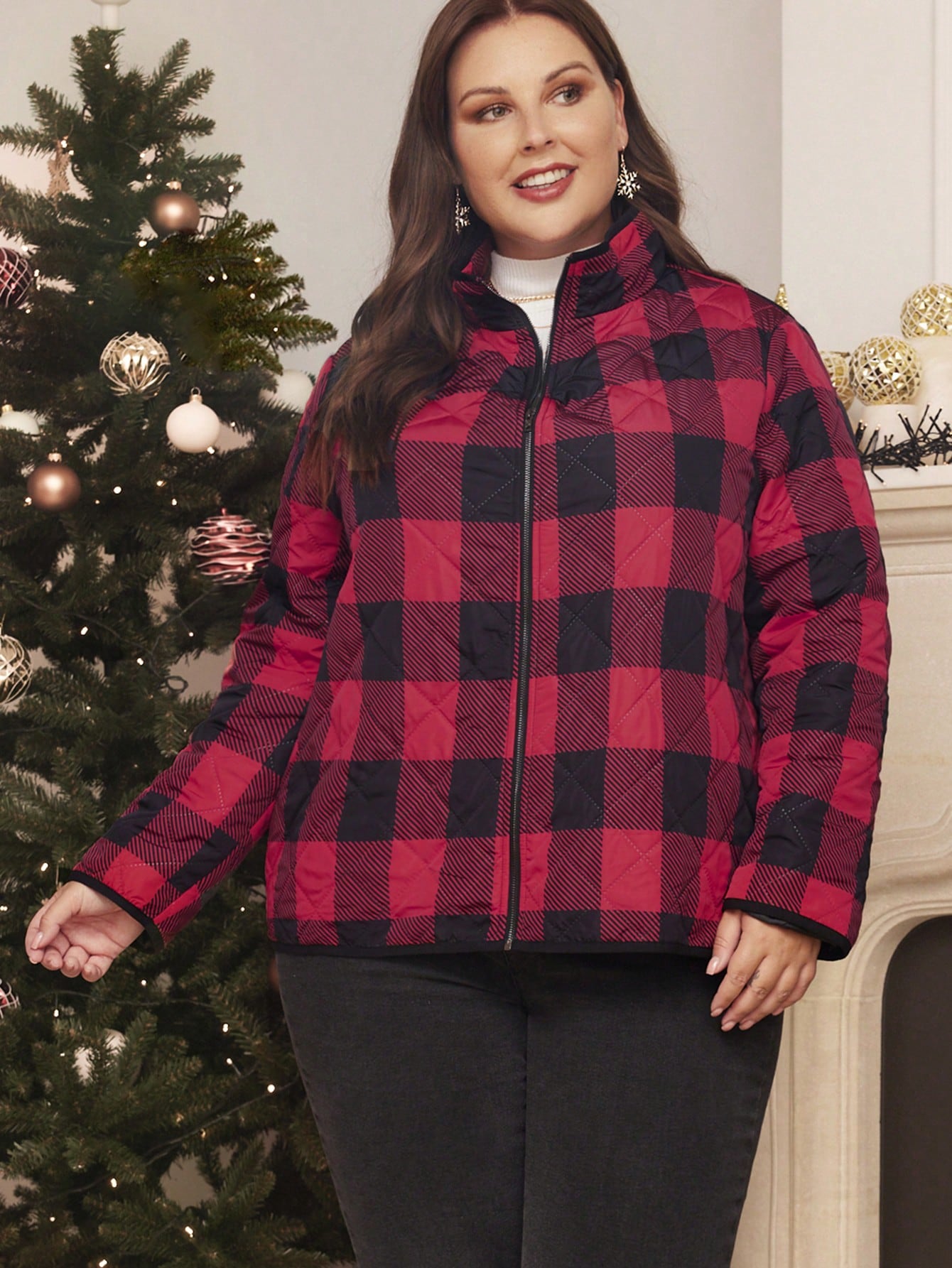 EMERY ROSE Plus Buffalo Plaid Print Zip Up Quilted Coat