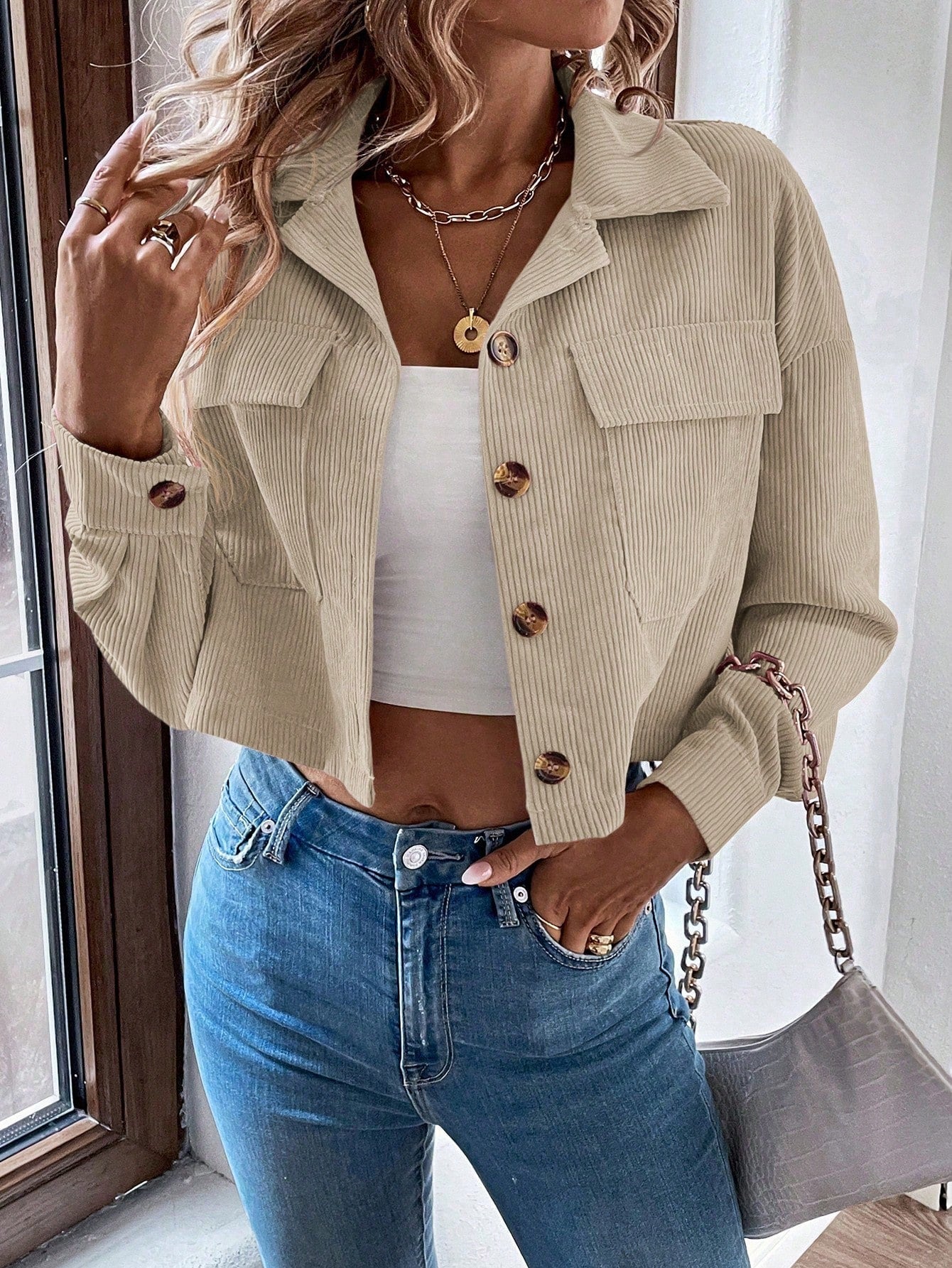 Relaxiva Flap Pocket Drop Shoulder Crop Corduroy Jacket