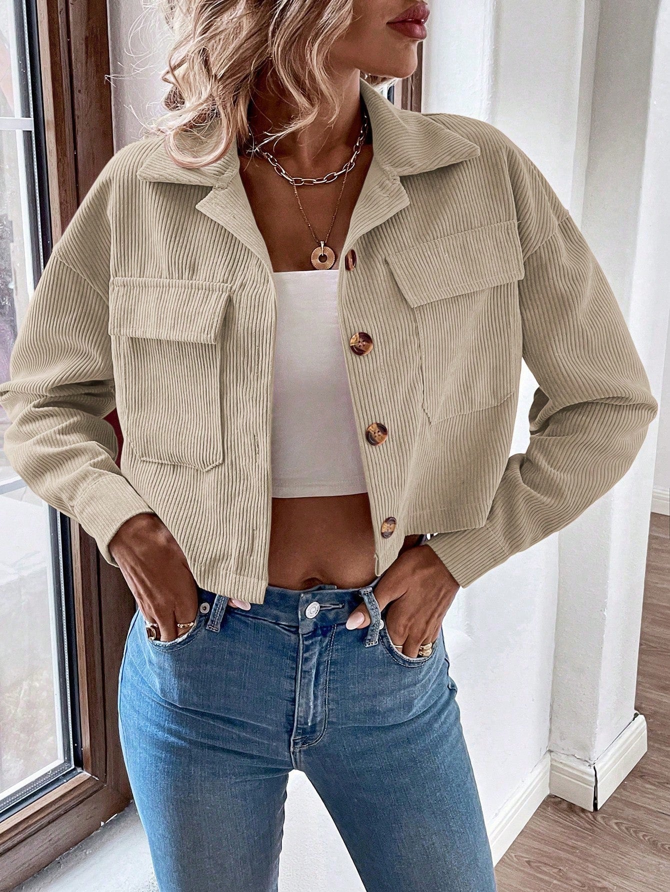 Relaxiva Flap Pocket Drop Shoulder Crop Corduroy Jacket