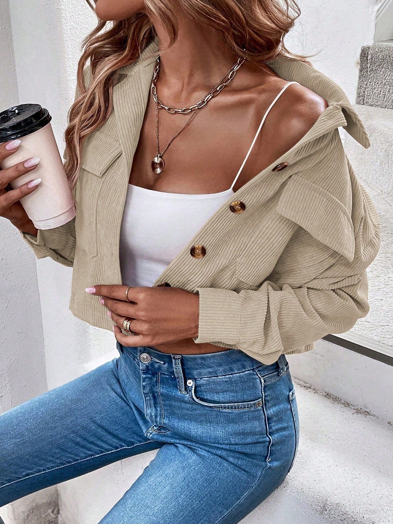 Relaxiva Flap Pocket Drop Shoulder Crop Corduroy Jacket