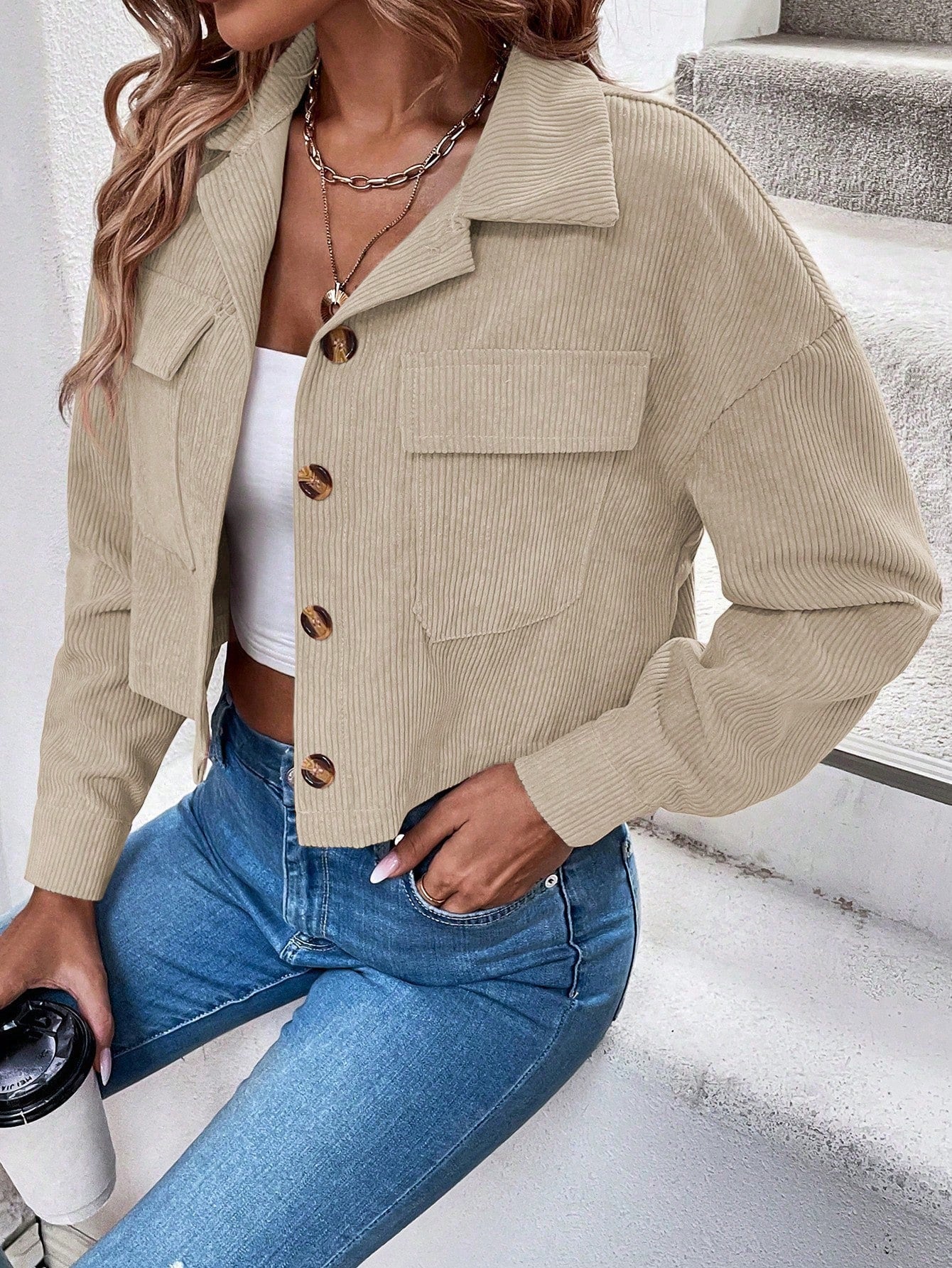 Relaxiva Flap Pocket Drop Shoulder Crop Corduroy Jacket