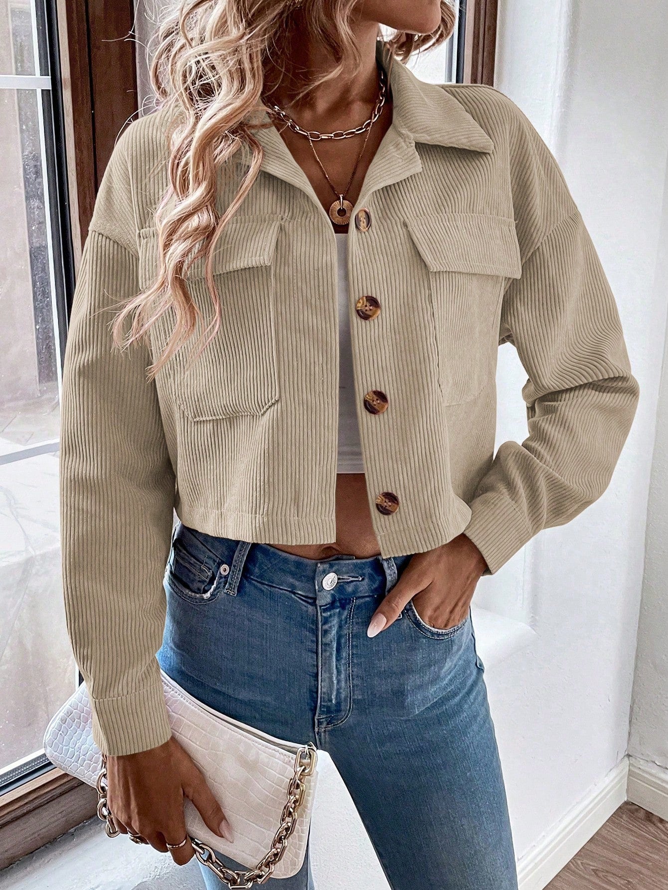 Relaxiva Flap Pocket Drop Shoulder Crop Corduroy Jacket