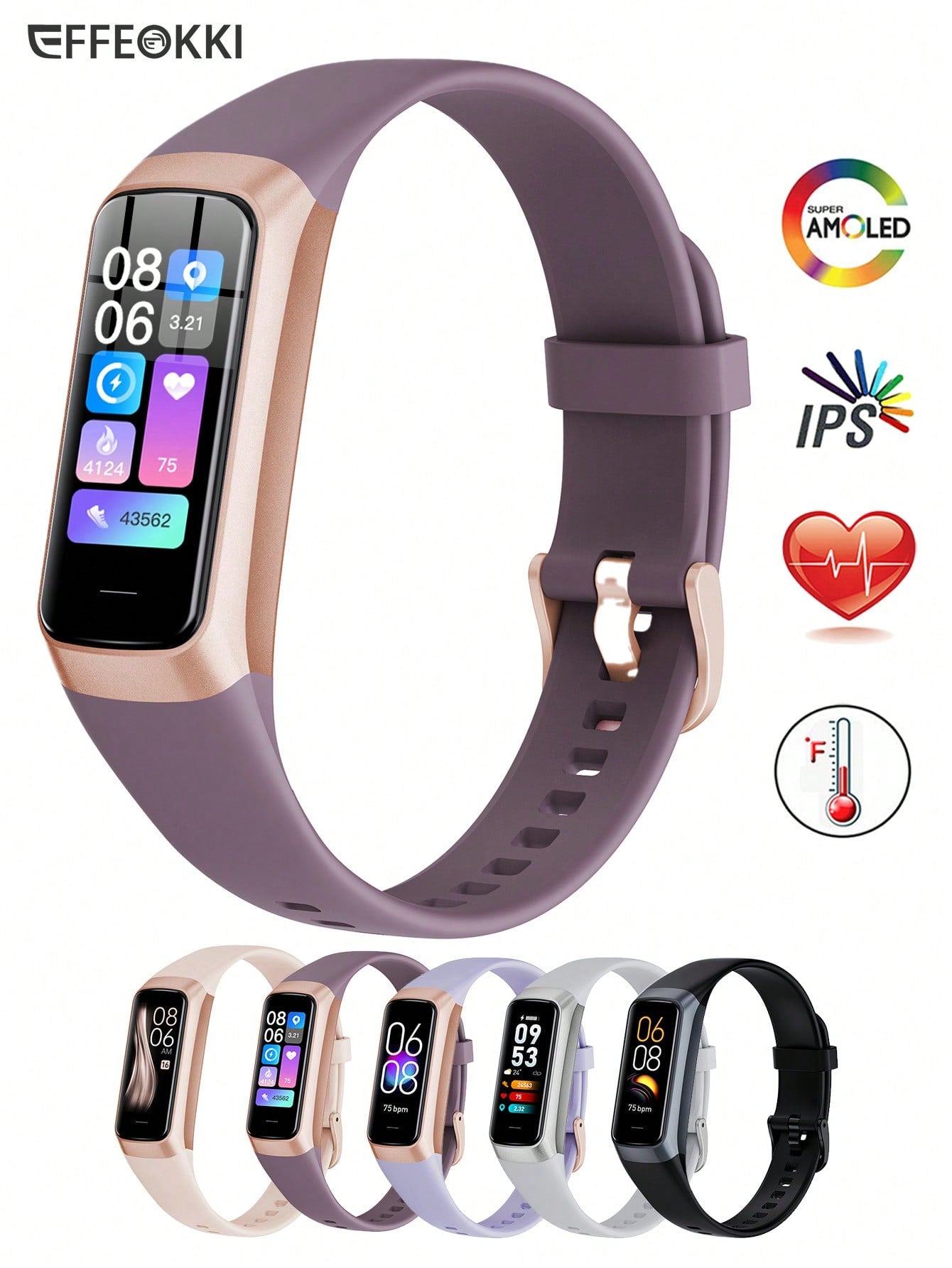 EFFEOKKI 1pc Black Silicone Strap Fitness Tracker Activity For Women Men, 1.1" AMOLED Color Display Smart Watch, Waterproof Sport Watch, 24/7Heart Rate Monitor, Indoor Outdoor Tracking, Sleep Monitor Smart Band Compatible With Iphone Android Phone