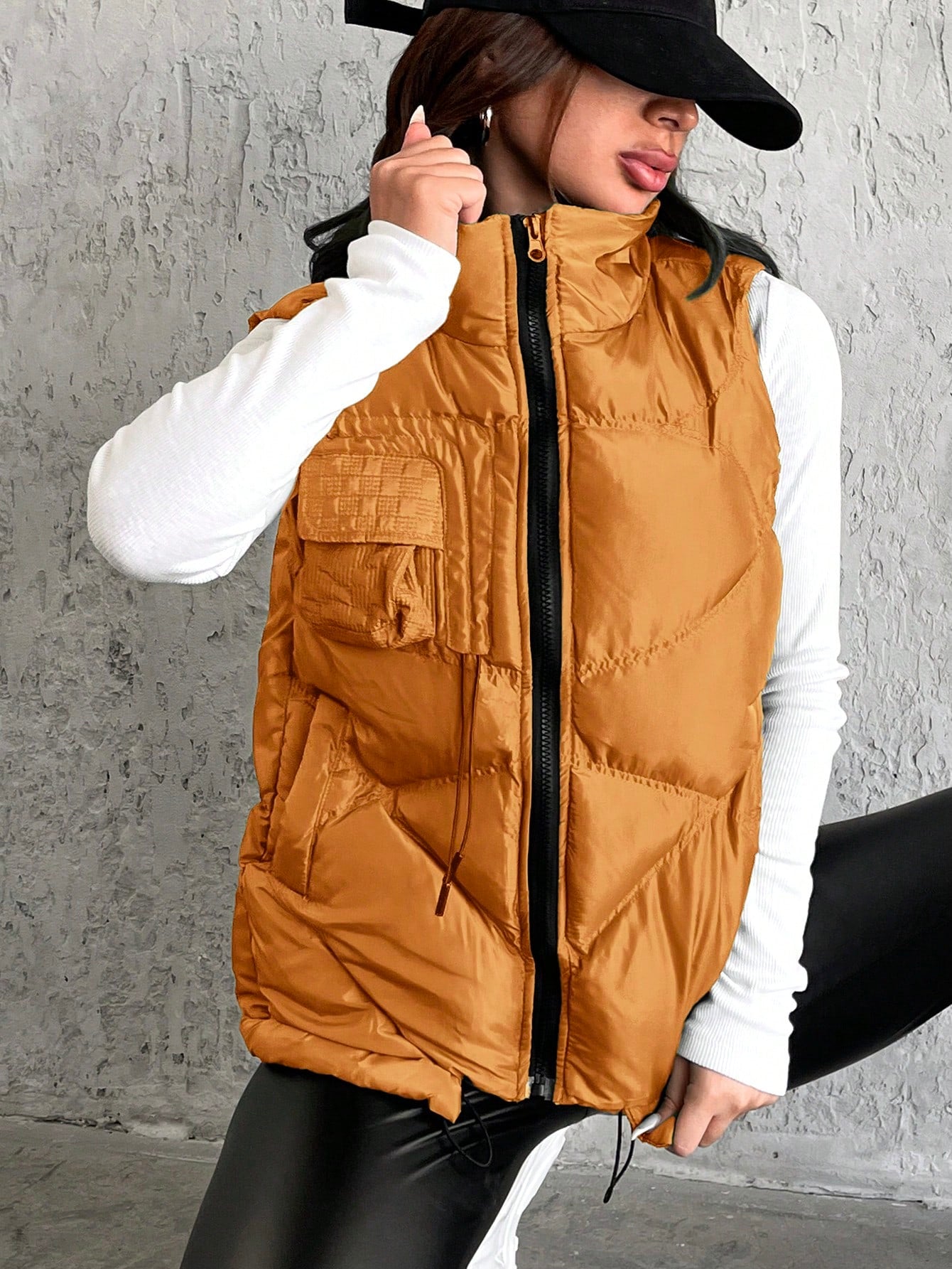 Flap Pocket Drawstring Hem Puffer Vest Coat