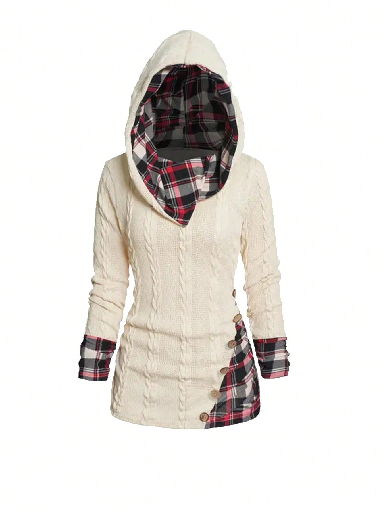 Unity Contrast Plaid Print Button Detail Hoodie,Ladies Late Fall Casual Button,Zipper Long Sleeve Hooded Loose Regular Apricot Regular Sleeve Pullovers Women Hoodies,Long Sleeve Tops