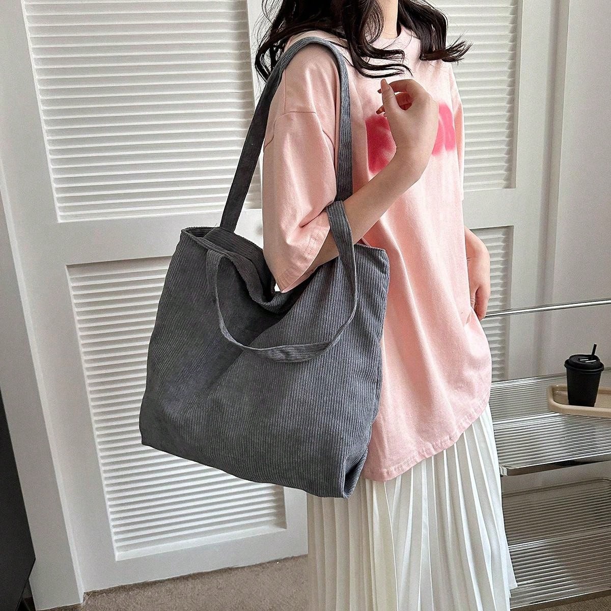 Corduroy Zipper Tote Bag, Women's Fashion Large Capacity Shoulder Bag, Casual Shopping Bag