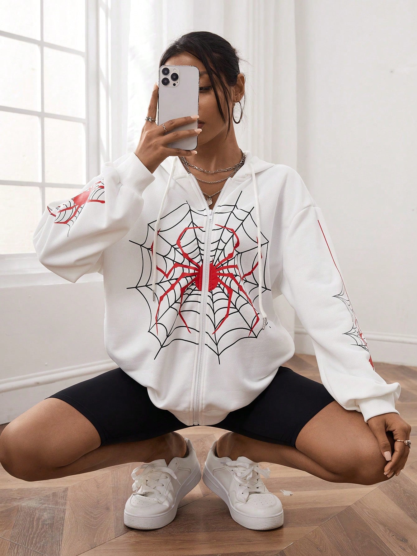 EZwear Women's Red Spider Print Hooded Sweatshirt